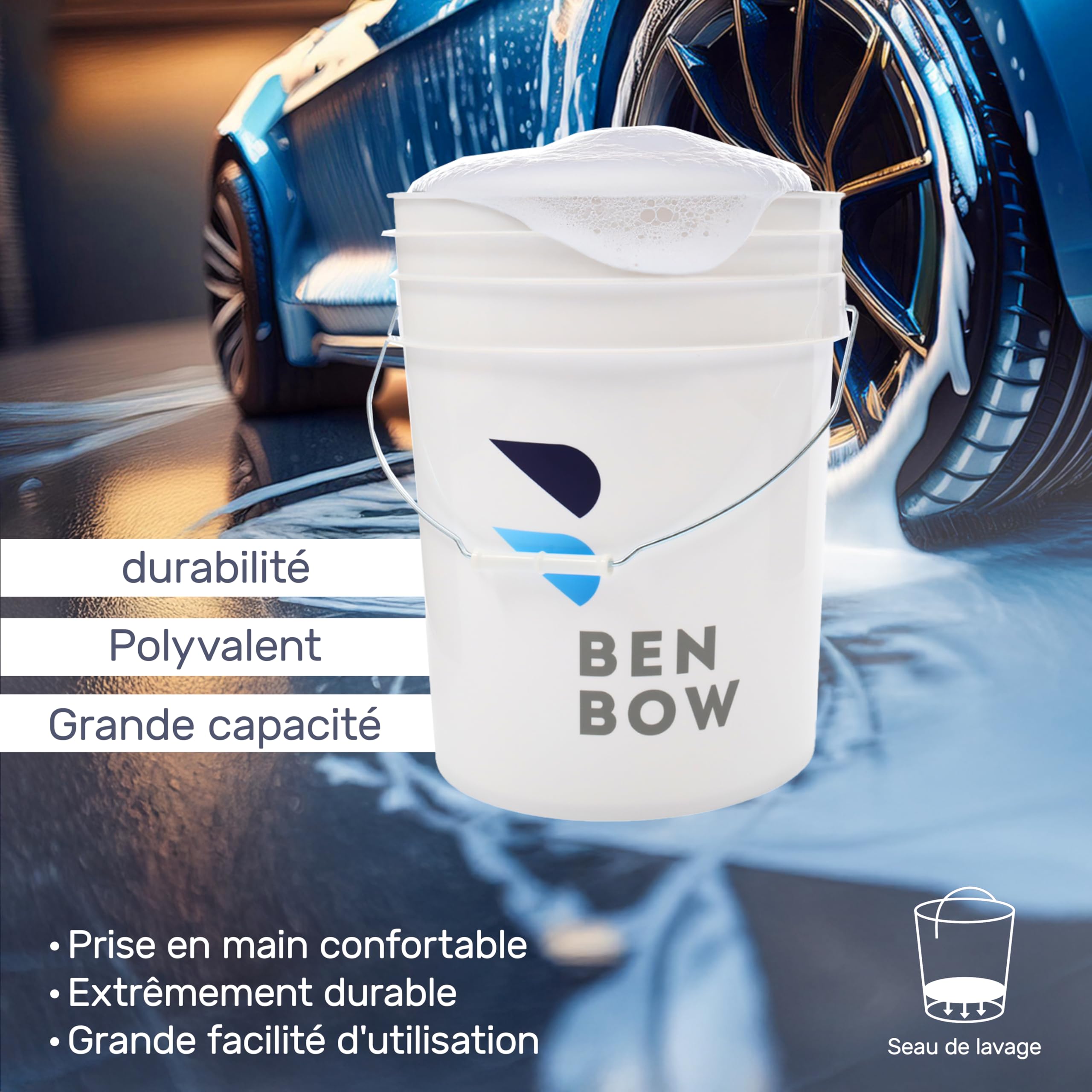 BenBow Kit Professionnel - Seau de Lavage avec Couvercle et Filtre à saleté – 20 litres Blanc – Durable et Polyvalent Parfait pour Le Lavage de Voiture - pour ateliers et Stations de Lavage