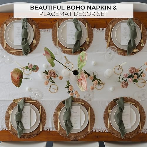 Miniatura 5 de Hermoso juego de 6 manteles individuales y servilletas bohemios Hecho a mano de algodón tejido de arpillera y paja decoración de mesa para comedor,