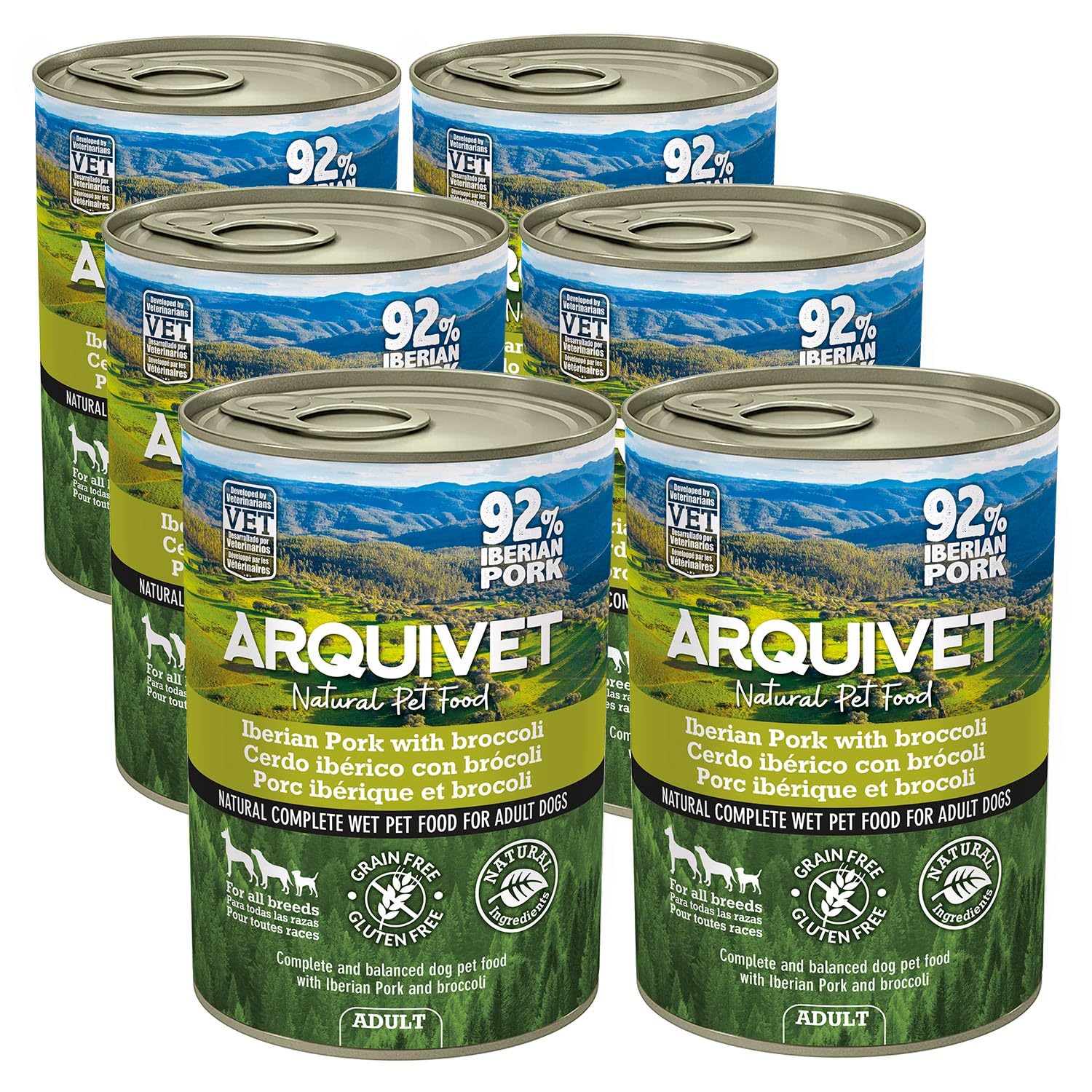 ARQUIVET - Pork and Broccoli Paté 6x400g - Cans of pate for dogs - All breeds - Natural wet food