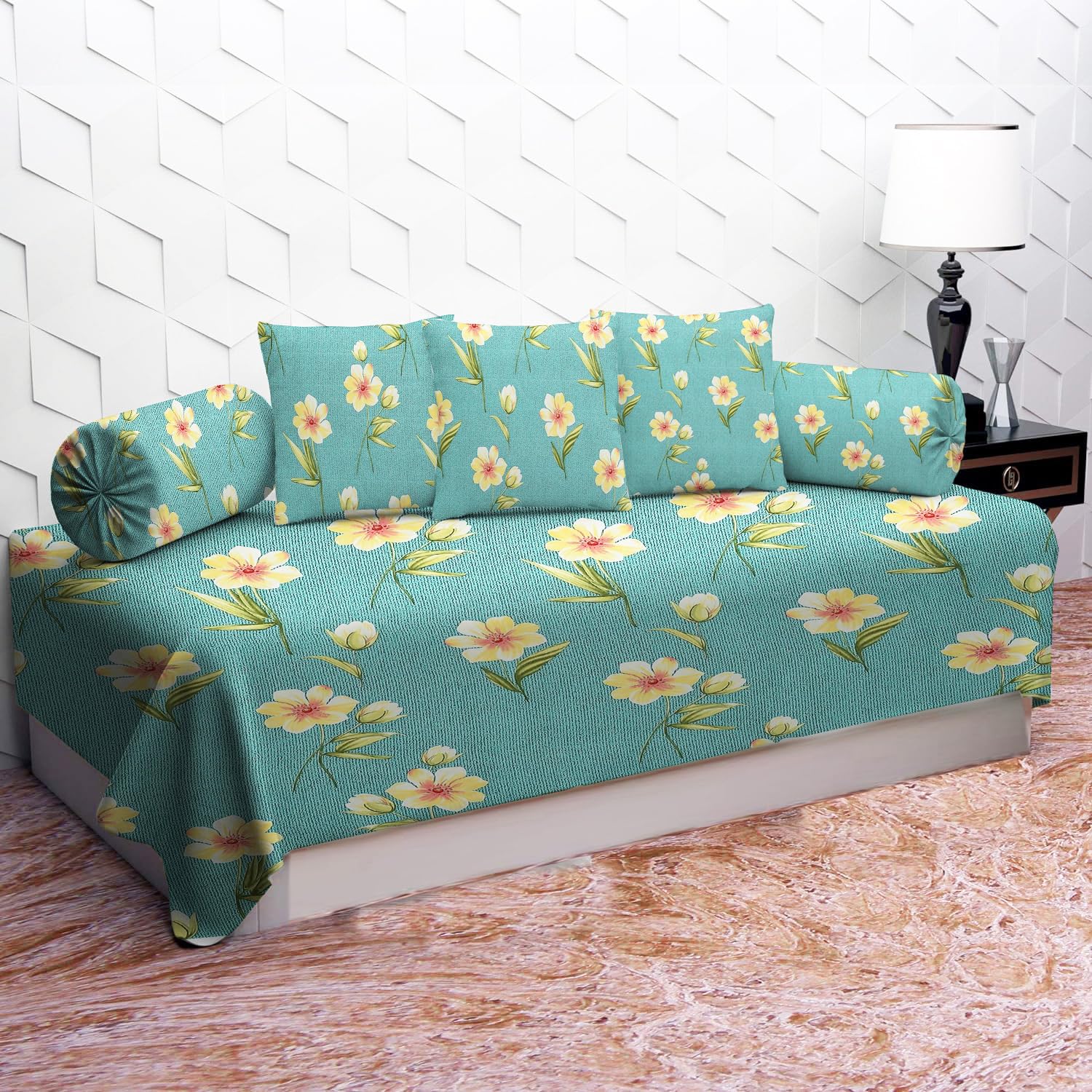 IVAZA 220 TC Diwan Set Covers Polycotton 6 Pieces Pure Cotton Designer Printed Standard Diwan Set (1 Single Bedsheet, 2 Bolster Covers, 3 Cushion Covers) Light-image-12