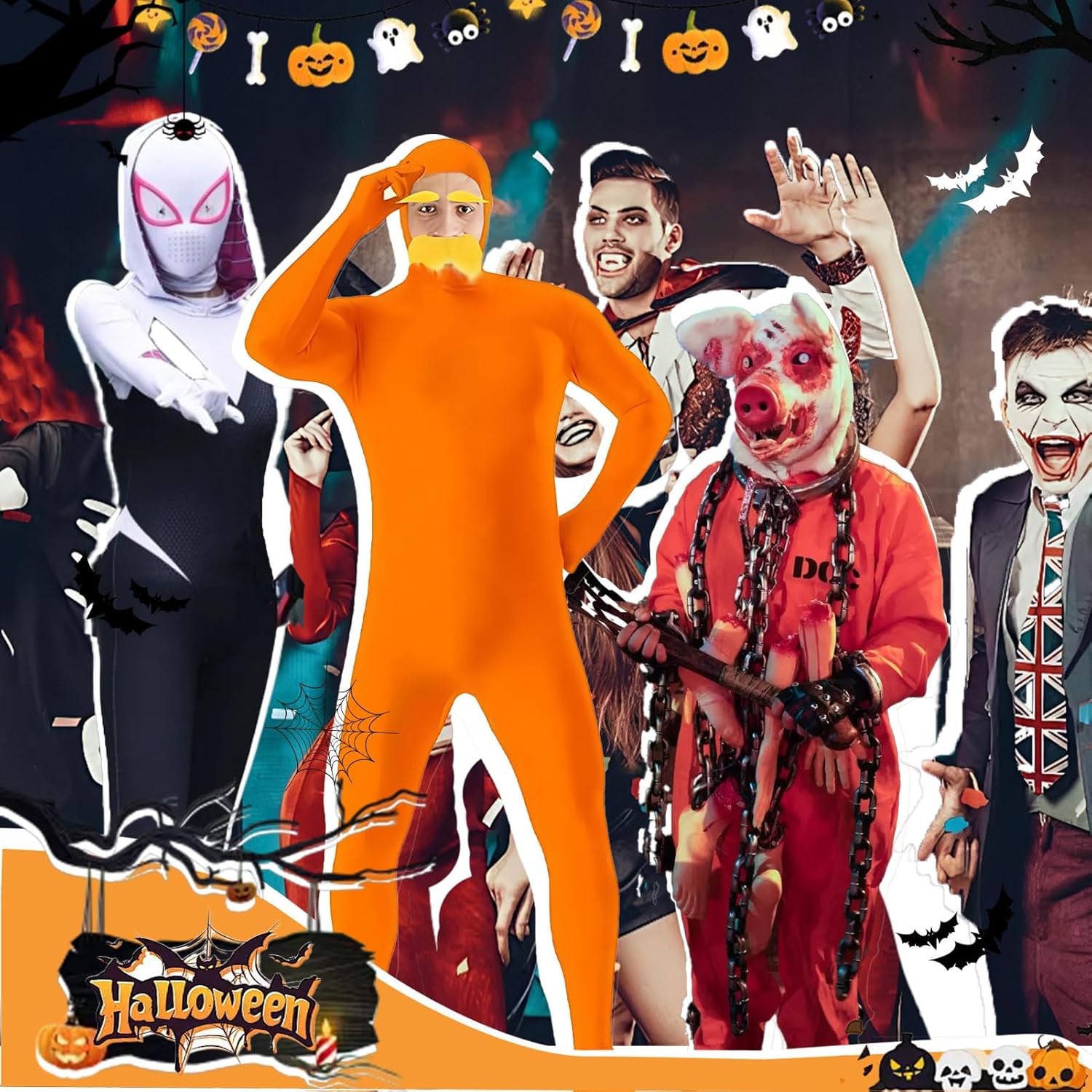 TICIFEN 2 Pcs Orange Jumpsuit Costume Adult Yellow Mustache and Eyebrows Bodysuit for Men Halloween Party Dress up - Image 5