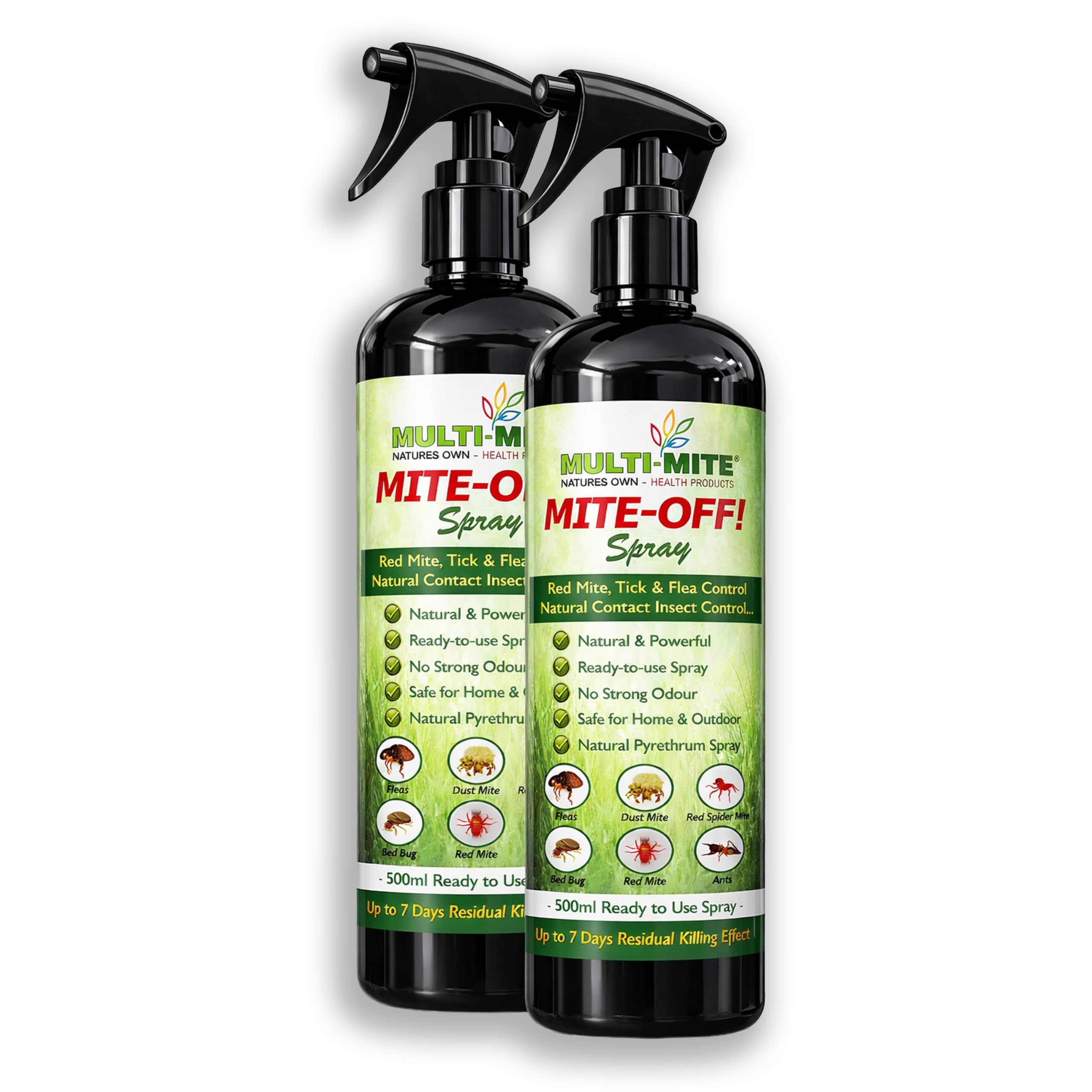 Flea Mite Pyrethrum Spray 2 X 500ml MITE-Off! All Mite Killer - Bed Bug, Carpet Moth Ready to Use Large Spray Residual Killing 7 Days - 100% Natural Product