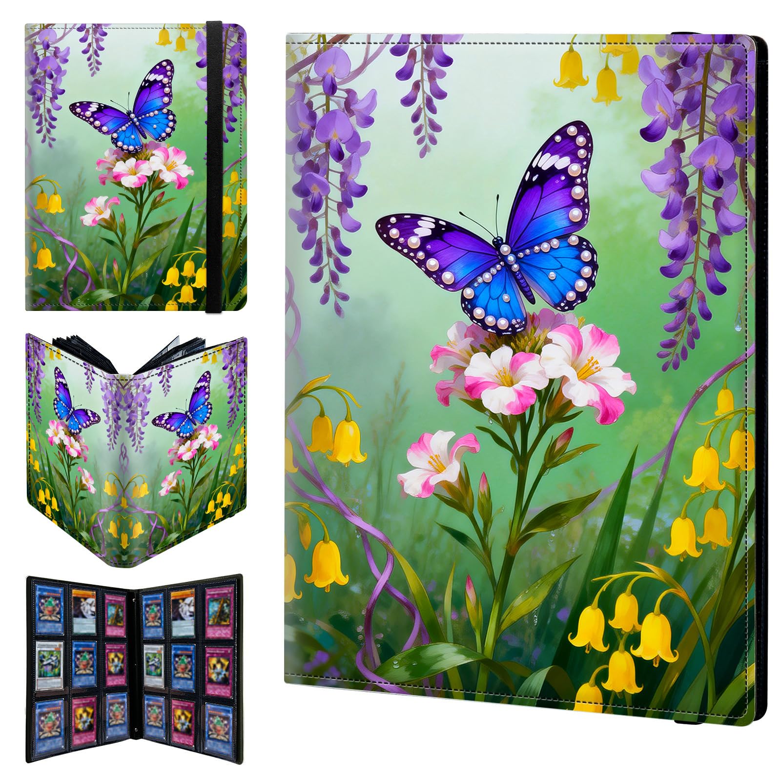 9 Pocket Trading Card Binder 900 Side Loading Pocket Album with Floral Flowers and Blue Butterflies Pattern Design Card Binder for Sports Cards & Game Cards