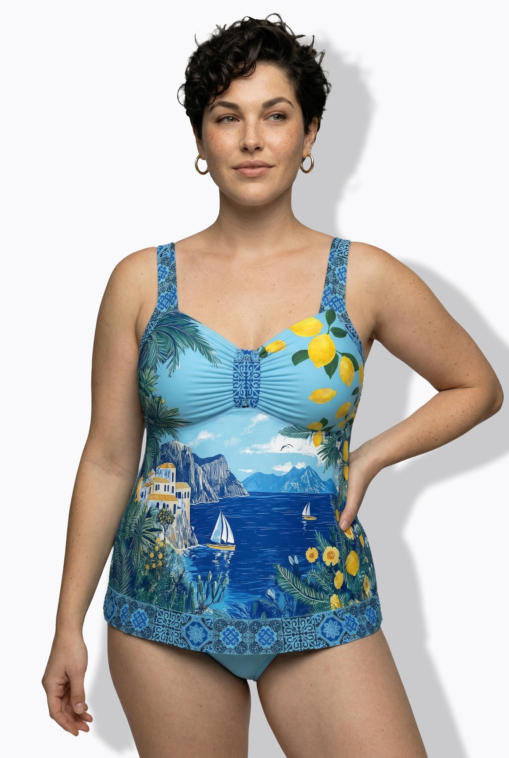 Ulla Popken Femme Grandes Tailles Tankini Motif Vacances au Bord de la mer, Bonnets Souples, Bretelles réglables Saphir Clair 58 847199713-56