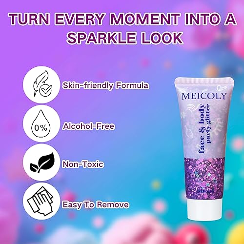 Miniatura 7 de MEICOLY Maquillaje morado con purpurina para niños, purpurina facial brillante de Halloween, lentejuelas de sirena, purpurina gruesa para