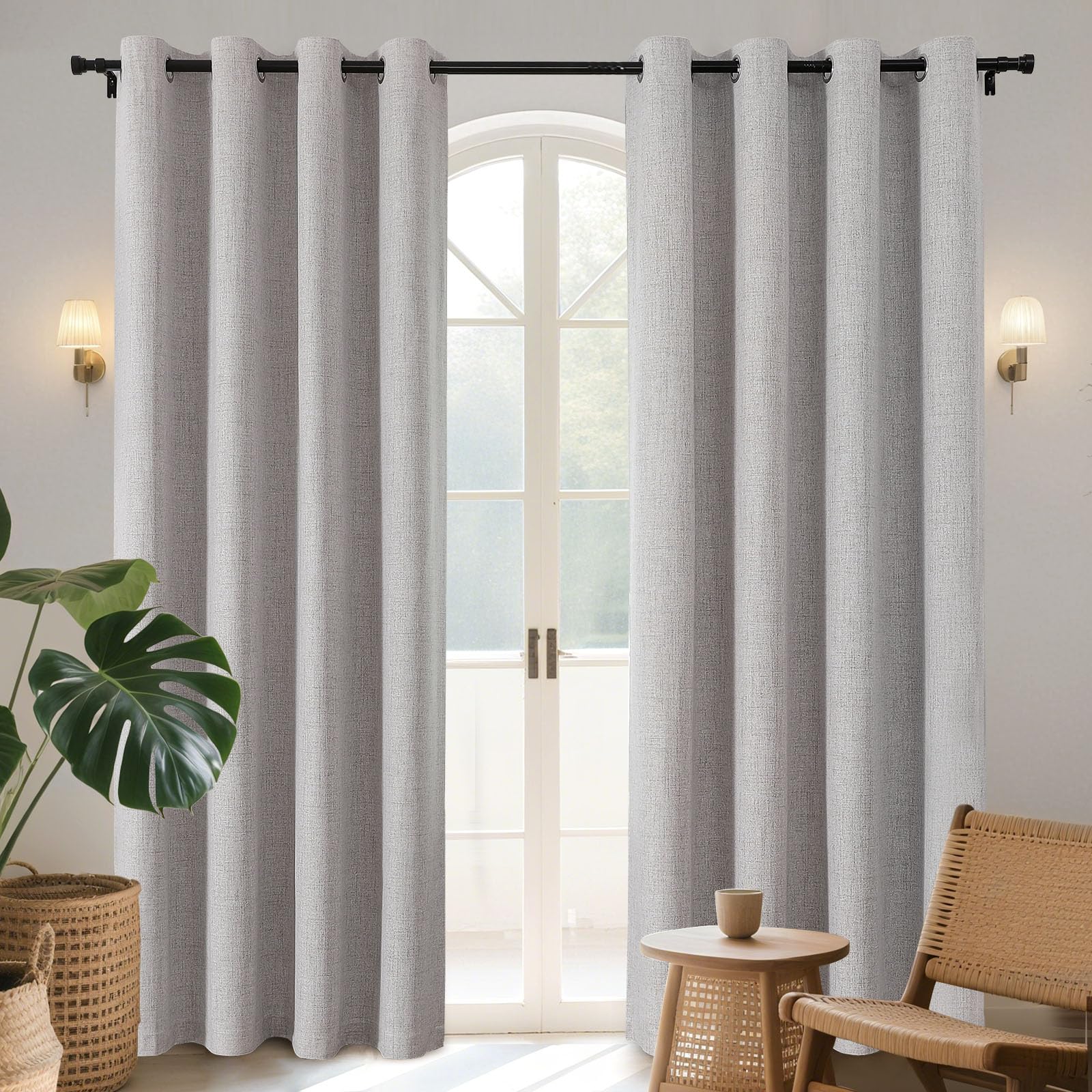 Joydeco 100% Blackout Lined Curtains Bedroom W55 x L108 Inch Drop, Faux Linen Textured Thermal Insulated Eyelet Curtains with Coating Back Layer for Living Room, Greyish White - 2 Panels