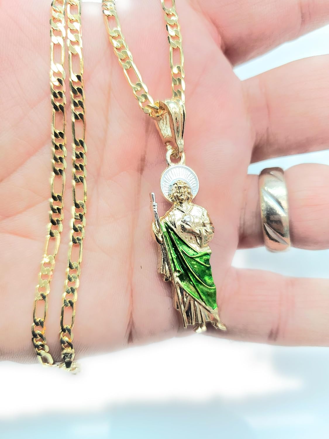 IMPRESSIVE Saint Jude Tadeo Necklace 20" Figaro Chain 14K Gold Plated Cadena de San Judas Tadeo Medalla de San Judas Oro Laminado Para Hombre Mujer