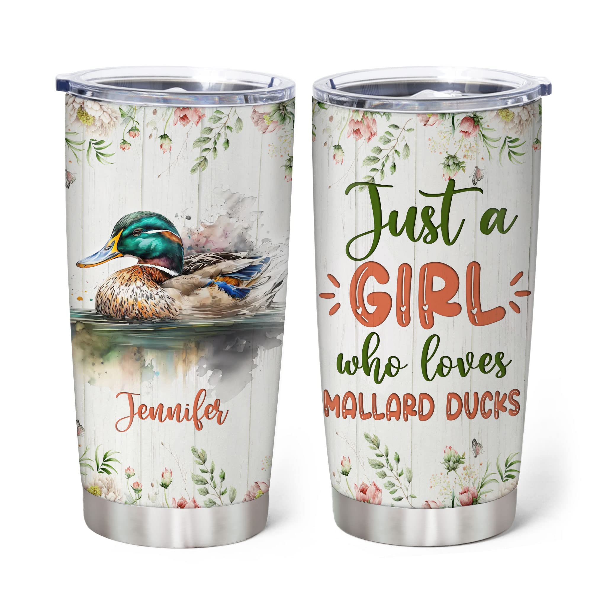 Hyturtle Personalized Gifts For Mallard Duck Lover - Just A Girl Who Loves Mallard Ducks Custom Name Stainless Steel Tumbler 20oz With Lid - Idea Gifts For Women Girl On Birthday, Christmas