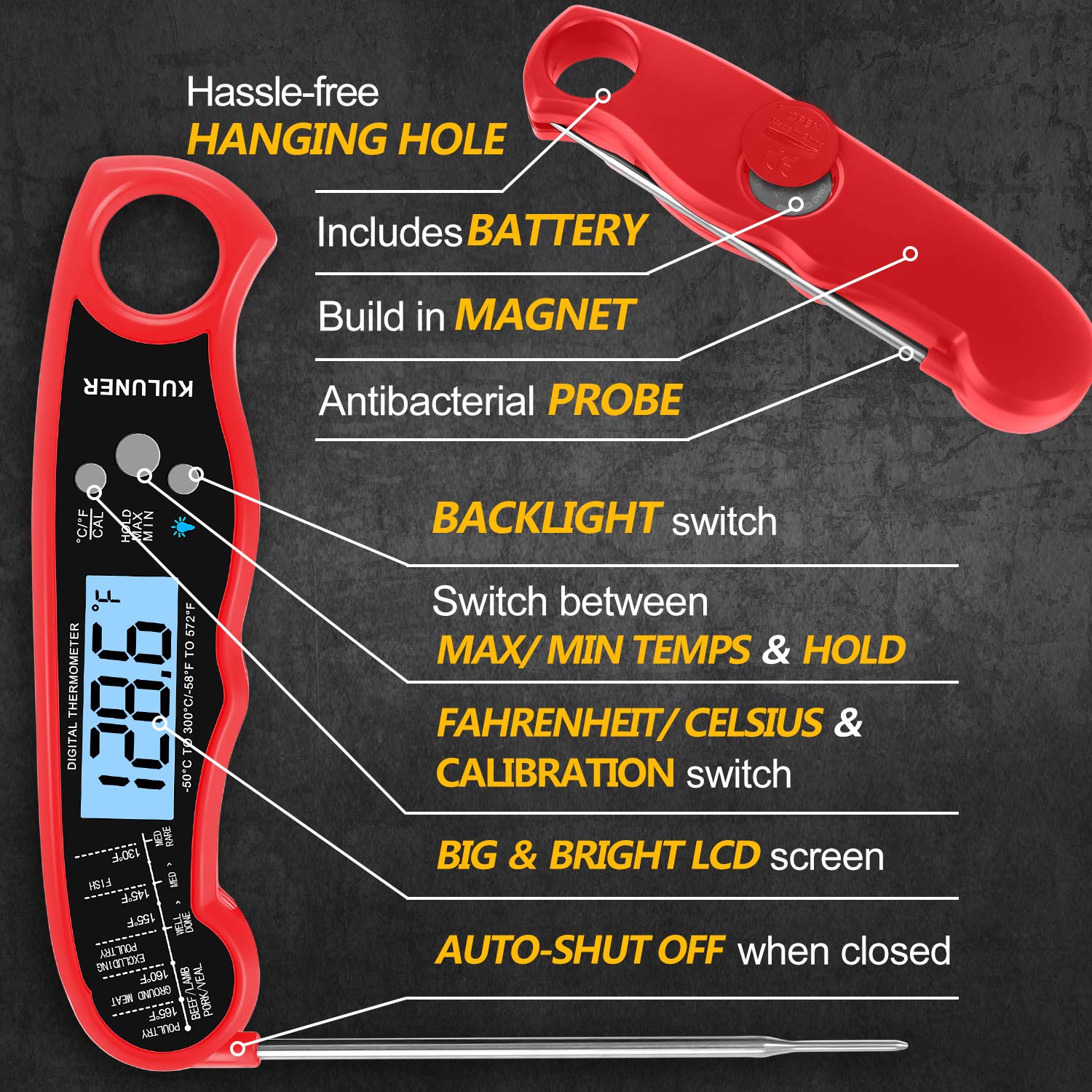 KULUNER TP-01 Waterproof Digital Instant Read Meat Thermometer with 4.6” Folding Probe Backlight & Calibration Function for Cooking Food Candy, BBQ Grill, Liquids,Beef(Red)