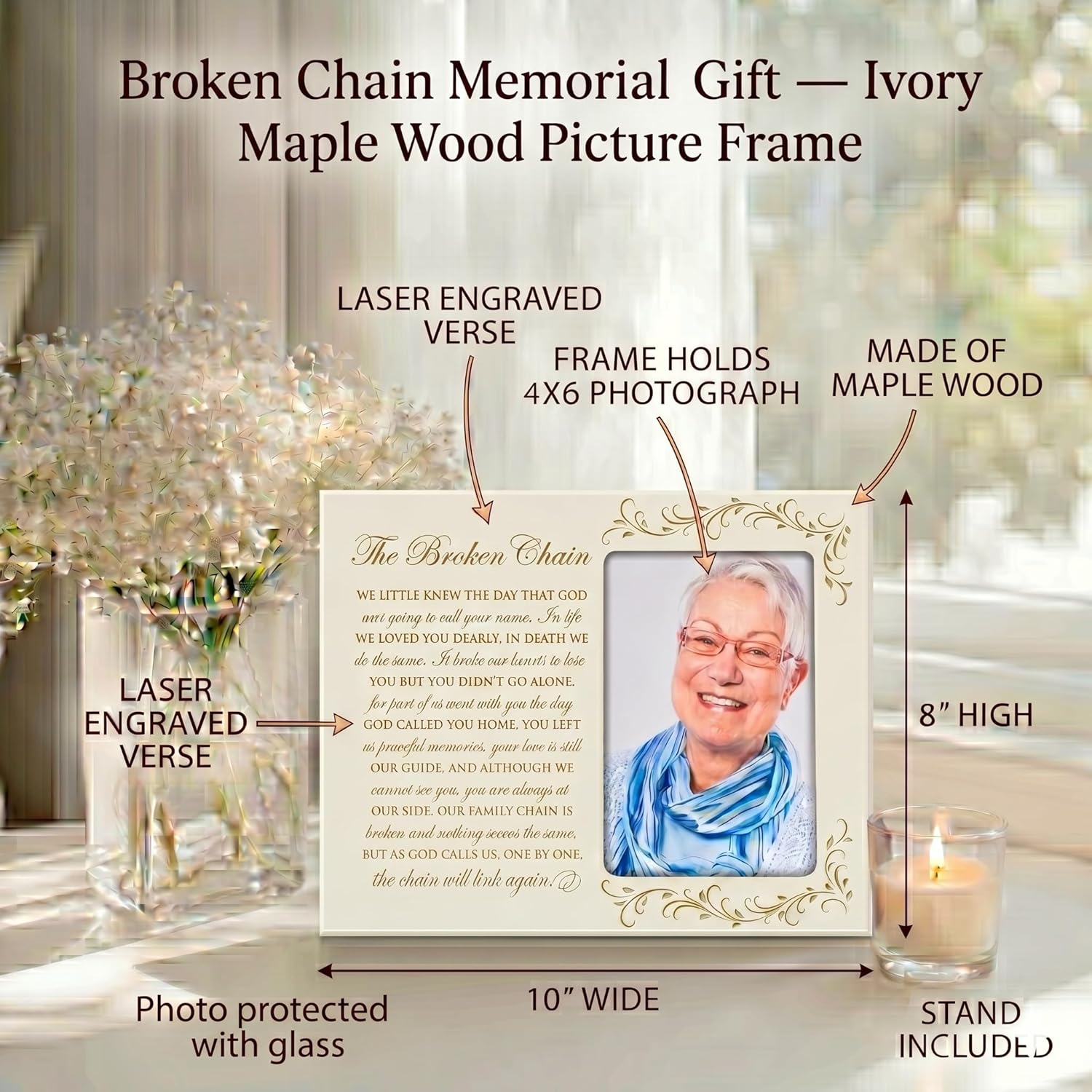LifeSong Milestones Broken Chain Memorial Picture Frame – Remembrance Poem | Ivory Wood Photo Frame | In Loving Memory | Sympathy Gift | Holds 4x6 Photo