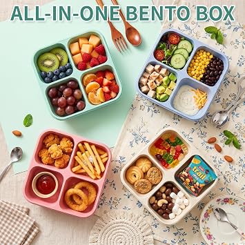 buluker 4'lü Paket Bento Atıştırmalık Kabı Seti, 4 Bölmeli Gıda Saklama Kapları, Buğday Samanı Yemek Hazırlama Öğle Yemeği Kutusu, Plastik Gıda Saklama kabı, Mikrodalga ve Bulaşık Makinesinde