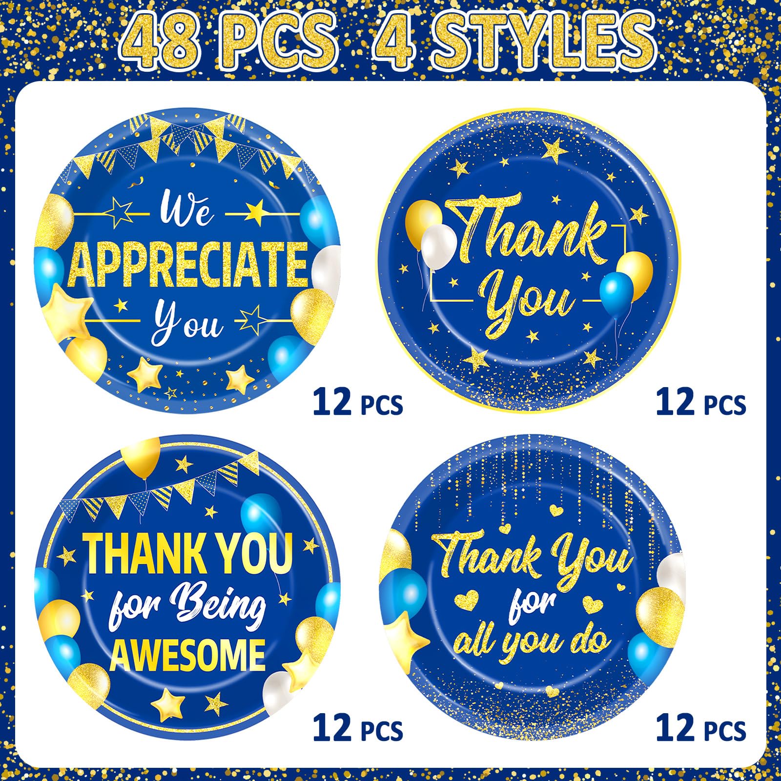 48 platos de papel dorados azules con texto en inglés «We Appreciate You», suministros para fiestas de agradecimiento, vajilla de agradecimiento, platos desechables para profesores, empleados, médicos