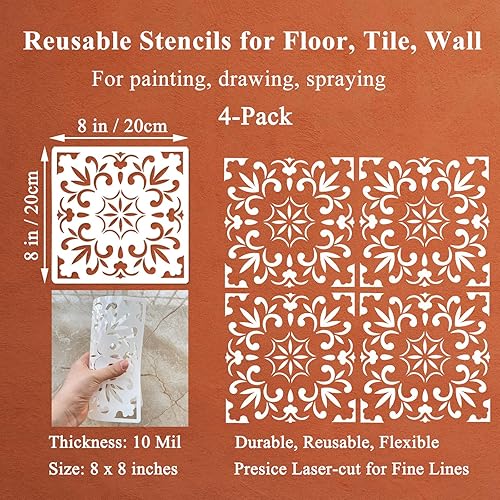 Miniatura 2 de 4 plantillas de mandala reutilizables de 8 x 8 pulgadas, plantillas de piso de azulejos, plantillas de pared bohemias para pintar paredes, azulejos,