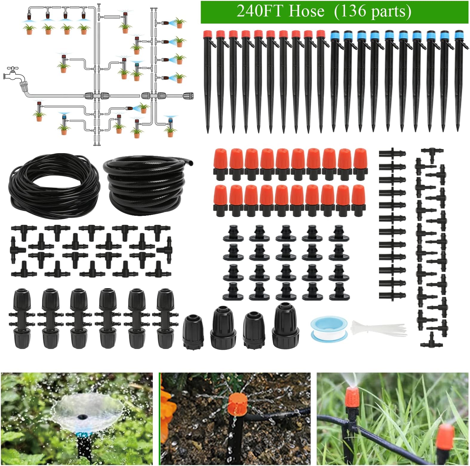 240FT Drip Irrigation System Kit, Lawn, Plant with 1/2 inch Hose 1/4 inch Distribution Tubing Drip Emitters Adjustable Misting Nozzle Barbed Fittings