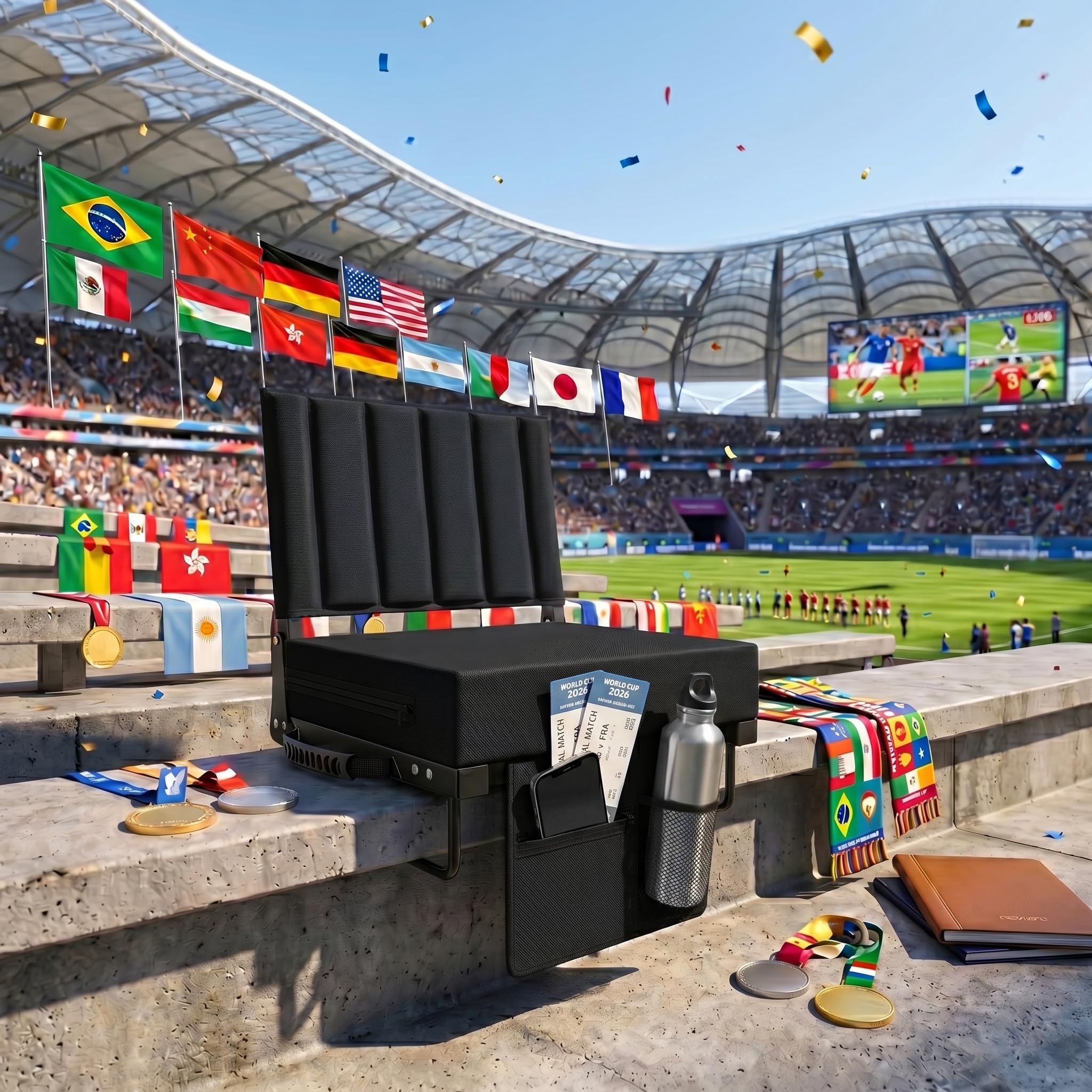 Aliphon Asiento de Estadio para gradas con Soporte de Espalda y cojín, Asientos de grada con Correa para el Hombro y portavasos, Silla de Estadio Acolchada portátil, Plegable, cómoda, para Eventos