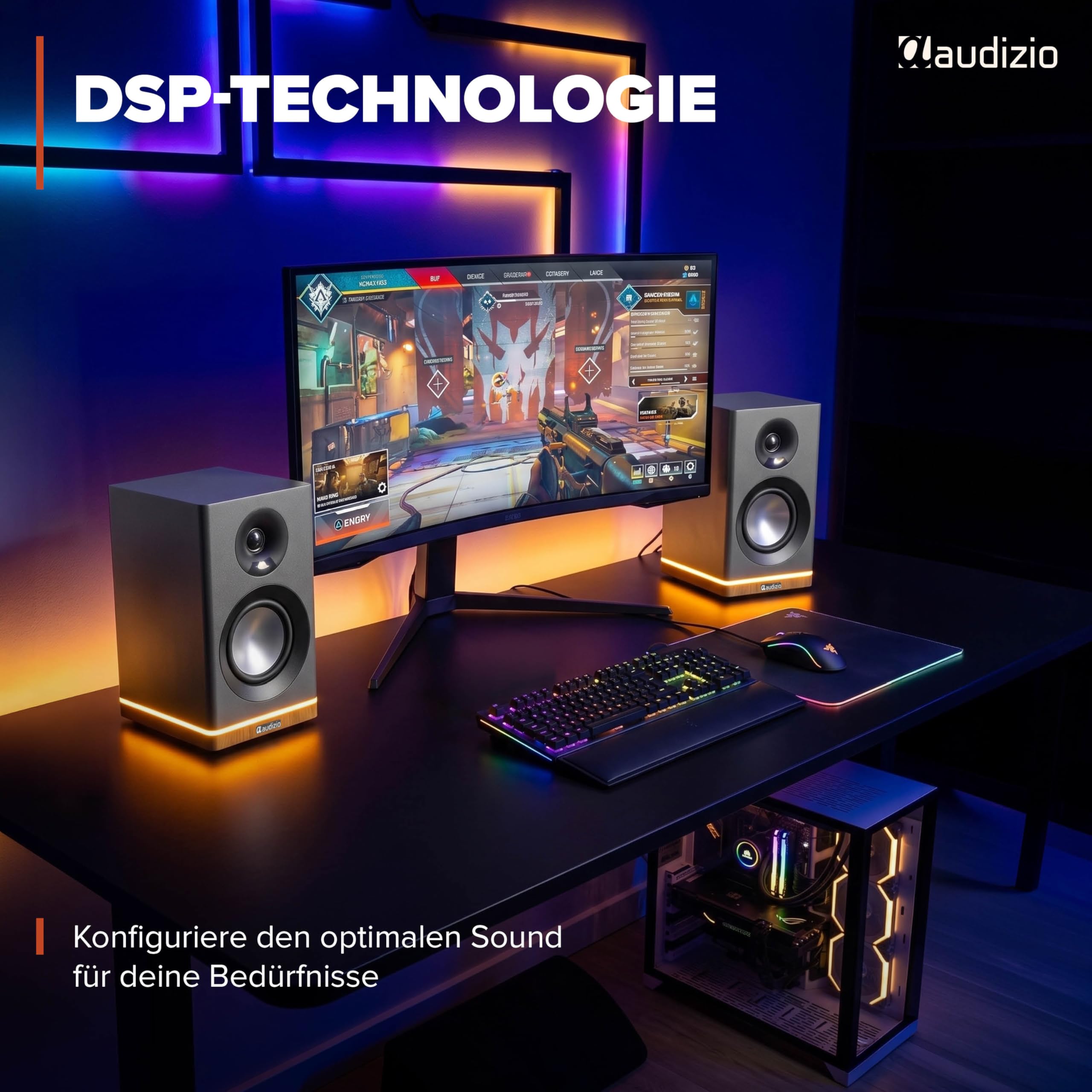 Audizio KS12 Aktiv Lautsprecher Boxen Set 80 Watt - HiFi Boxen mit Bluetooth 5.3, Ambiente-Licht, HiFi Lautsprecher mit Verstärker für TV & PC, Sub-Out, HDMI, Optisch, USB & Fernbedienung - Schwarz