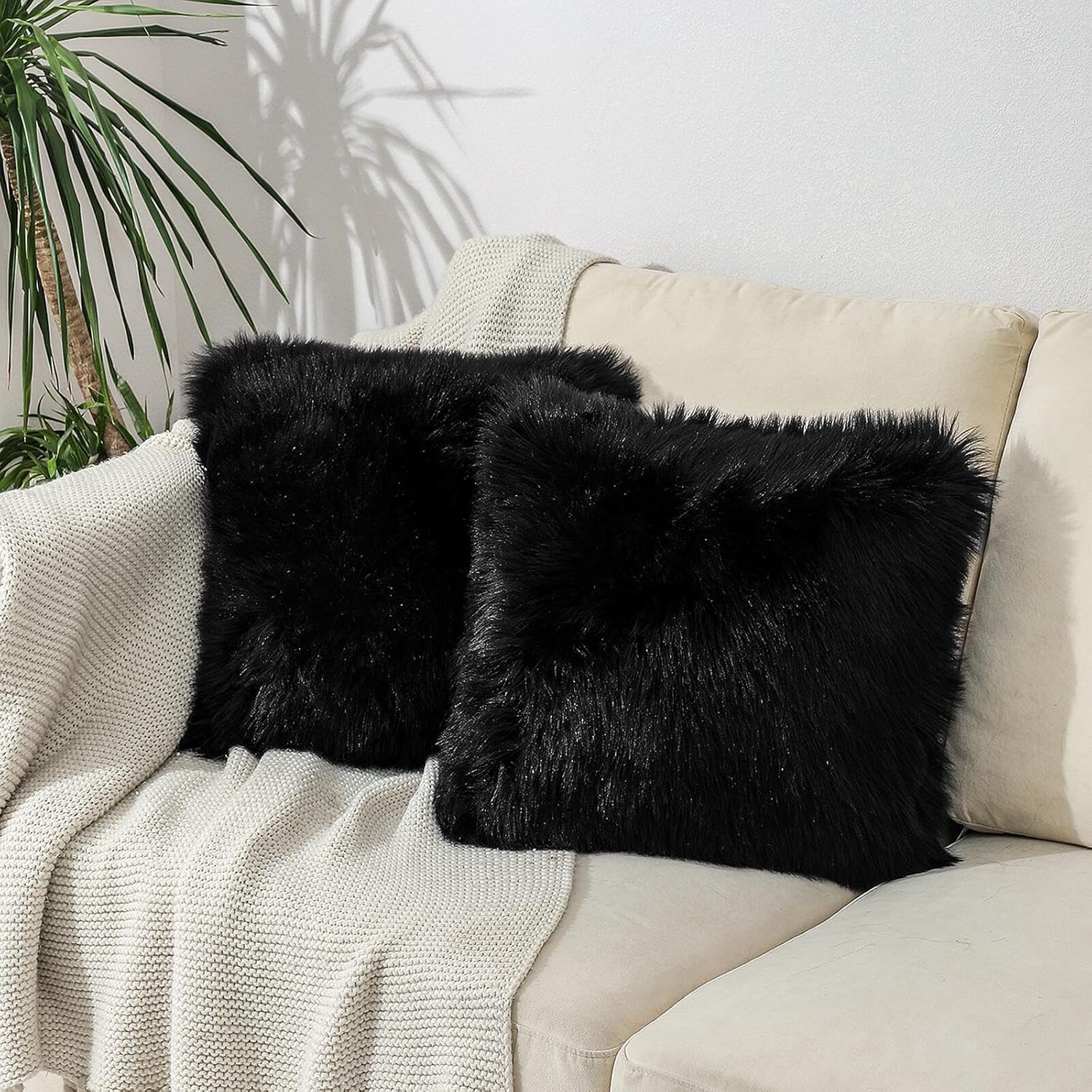 linmopm Excluding Insert Faux Fur Sheepskin Pillow Cover White Shag Fuzzy 20x20 Inch Black 2 Pcs Super Soft Fluffy Cushion Plush Pillow Case Luxury Living Room Sofa Bed Home Decor Chair Cushion