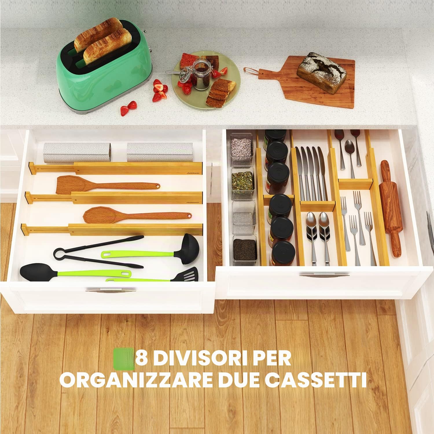 ANTOWIN Divisori per cassetti in bambù, espandibili (43-56 cm), organizer regolabile a molla per utensili grandi, vestiti, cassetti, set di 16 divisori per cassetti