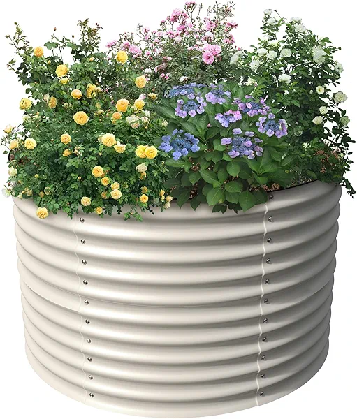 Olle 32" Tall, Raised Beds for Gardening Galvanized Raised Garden Beds Round Garden Bed Metal Flower Bed Outdoor, Backyard Garden Planter Box, Ivory