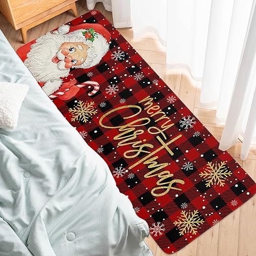 Miniatura 6 de Alfombrillas de cocina de Papá Noel para piso, 2 piezas, diseño de búfalo rojo y negro, antideslizantes, juego de alfombras de cocina lavables,