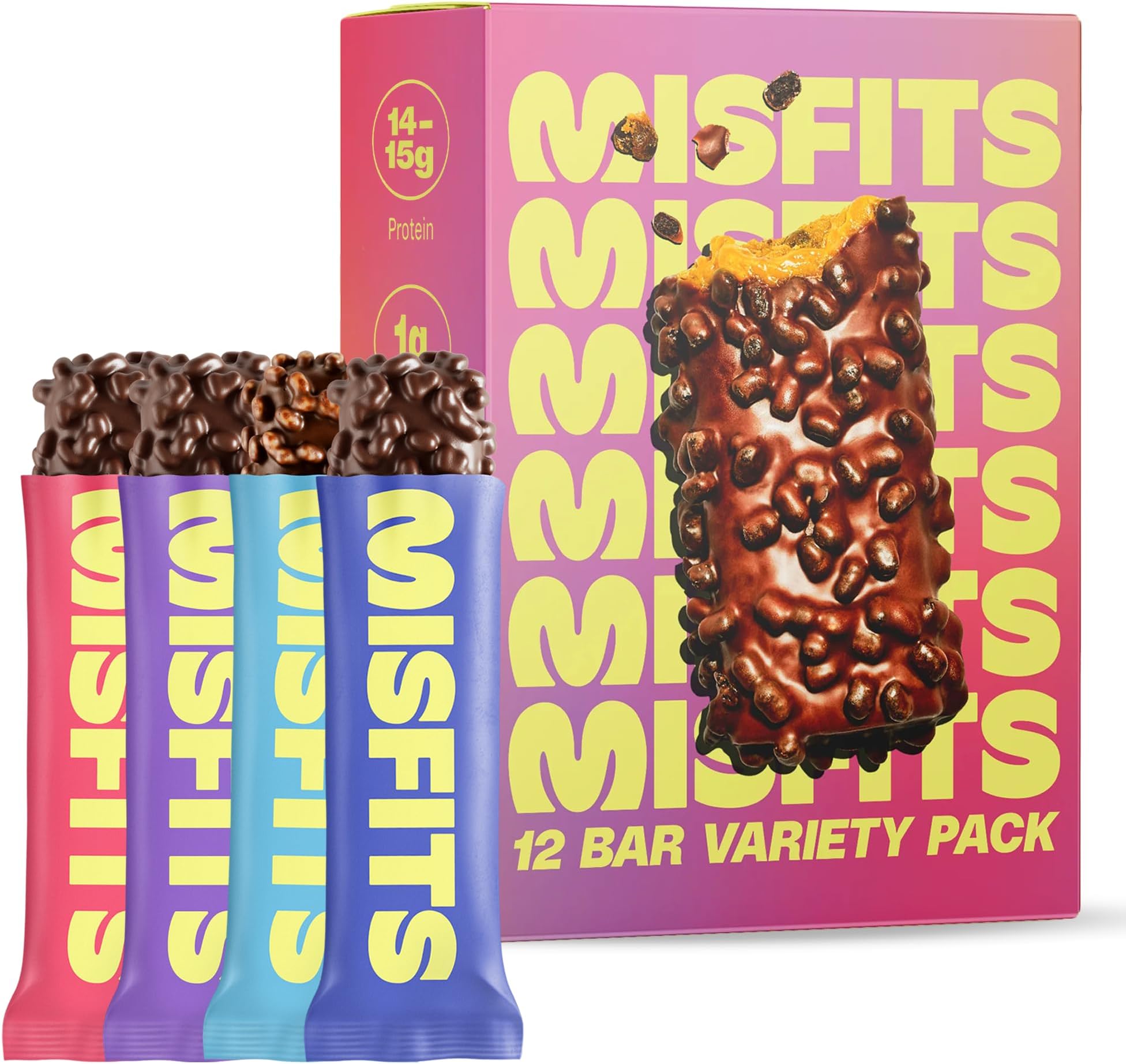 Misfits Protein Bar Variety Pack | Nutrition Bars - 14-15g Protein, 1g Sugar, Plant-based, Low Carb, Non-GMO, Gluten Free Snacks | Vegan Protein Bars | Pack of 12, Multiple Flavors