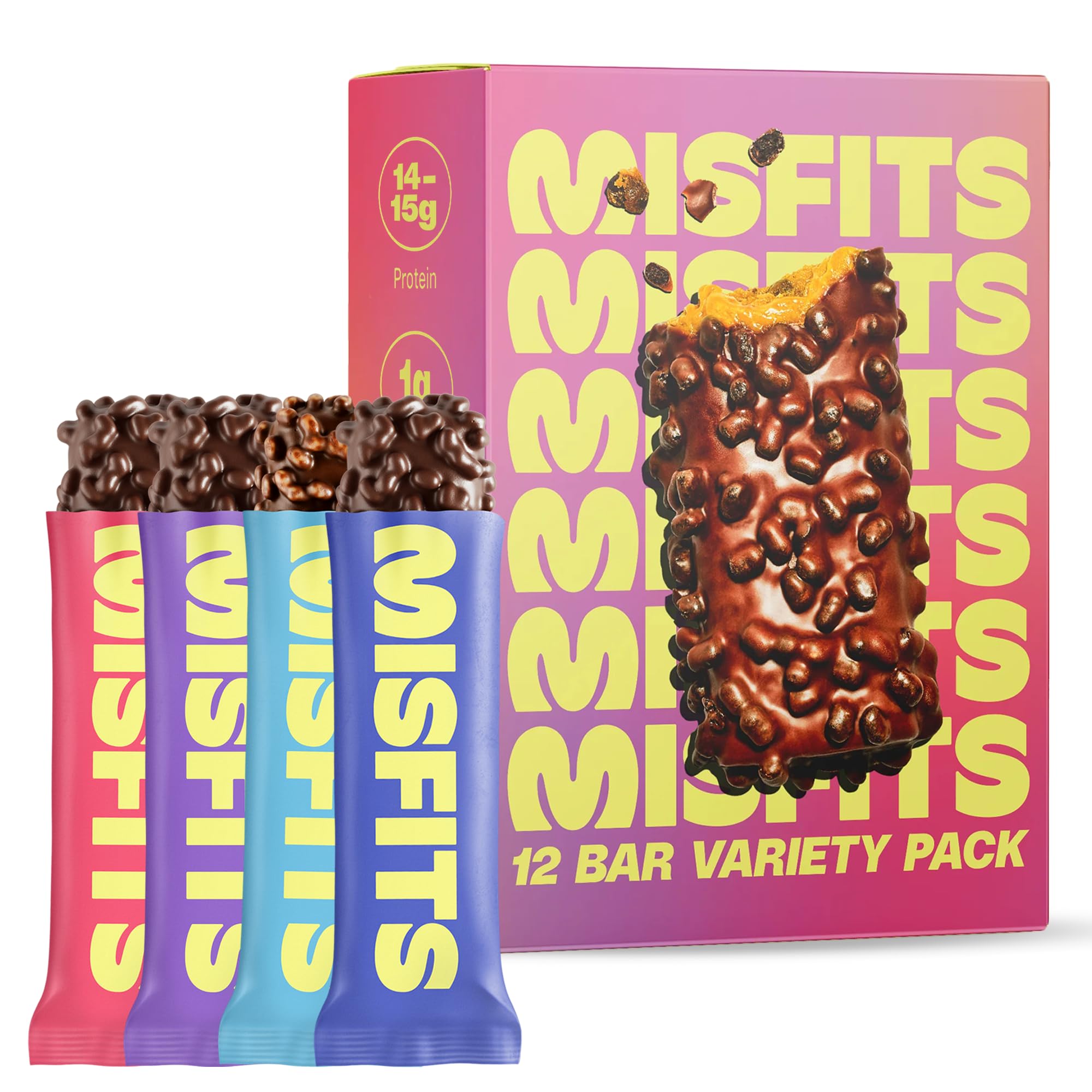Misfits Protein Bar Variety Pack | Nutrition Bars - 14-15g Protein, 1g Sugar, Plant-based, Low Carb, Non-GMO, Gluten Free Snacks | Pack of 12, Multiple Flavors