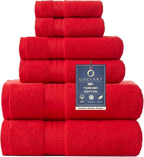 COZYART Juego de 6 toallas de baño rojas suaves y absorbentes duraderas de 650 GSM de algodón turco 2 toallas de baño grandes 2 toallas de mano 2