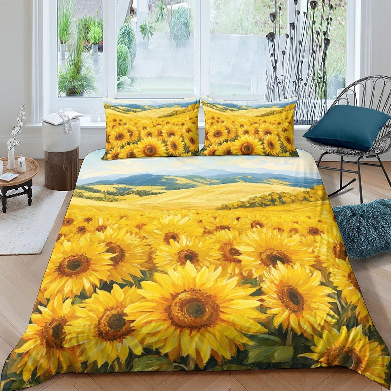 Ctjqhvkz Style-5 3D Printed Sunflower Field Fitted Sheet Microfiber Soft Yellow Scenic Bed Cover For Bedroom Guest Room Easy Care Decor Single（135X200cm）