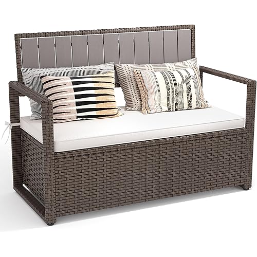 YITAHOME 70 Gallon All-Weather PE Rattan Storage Bench, Waterproof Deck Box Seat for Patio Furniture, Outdoor Cushions, Pool & Garden Tools, Brown