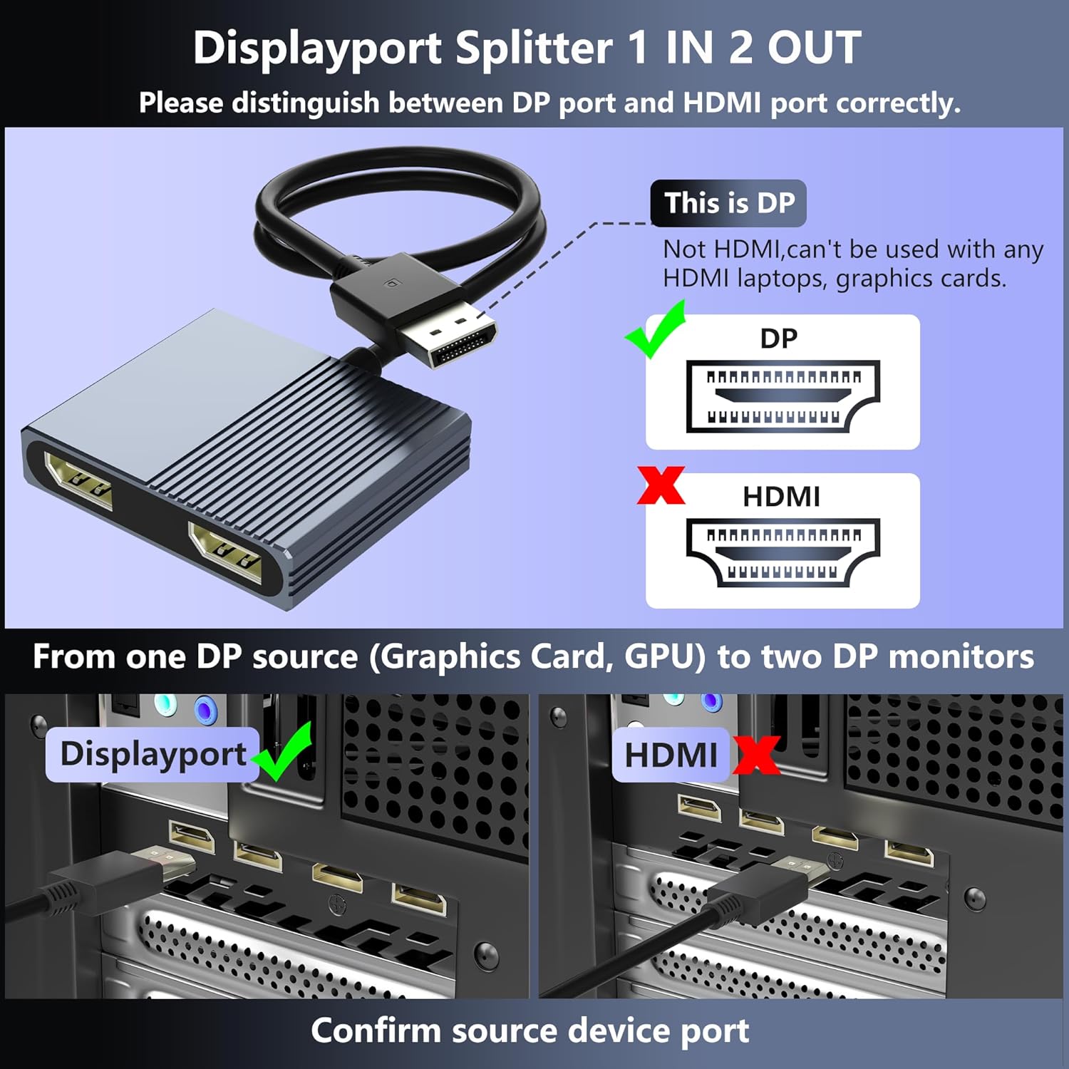 Display Port Splitter for Dual Monitors, 4K@120Hz DisplayPort to Dual DisplayPort Adapter, Displayport MST Hub, Monitor Splitter, Dual Monitor Adapter for Laptop, Desktop, Graphics Card and More