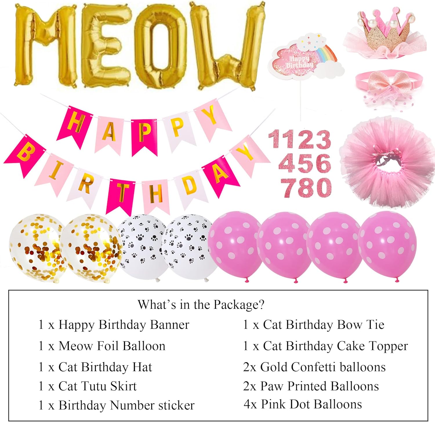 Cat Birthday Party Supplies Include Hat , Cake Topper, Bow Tie, Tutu Skirt, Banner, Meow Letter Balloons for Cat Girls Birthday Decorations(pink)