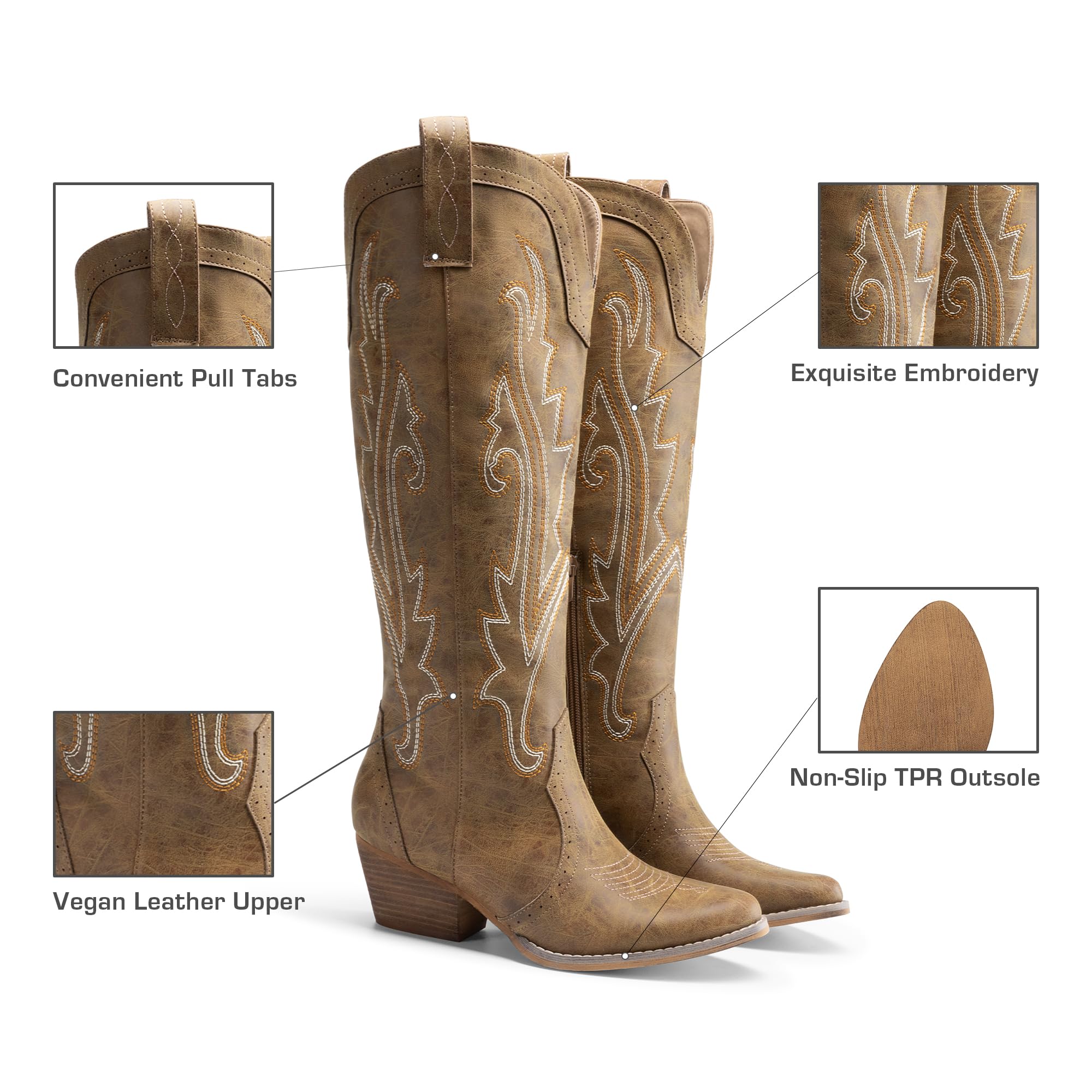 DREAM PAIRS Botas vaqueras hasta la rodilla para mujer, cómodas, con cremallera lateral, tacón grueso, bordadas, estilo retro, altas