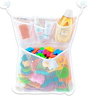 Bath Toy Holder 14x20 Inch, Mesh Bathtub Toy Storage Basket, Kids Bath Net, Tub Holder Bag, Toddler Shower Caddy Hanging Bucket Bin, Baby Bathroom Organizer with 2 Suction Cups, 2 Adhesive Wall Hooks