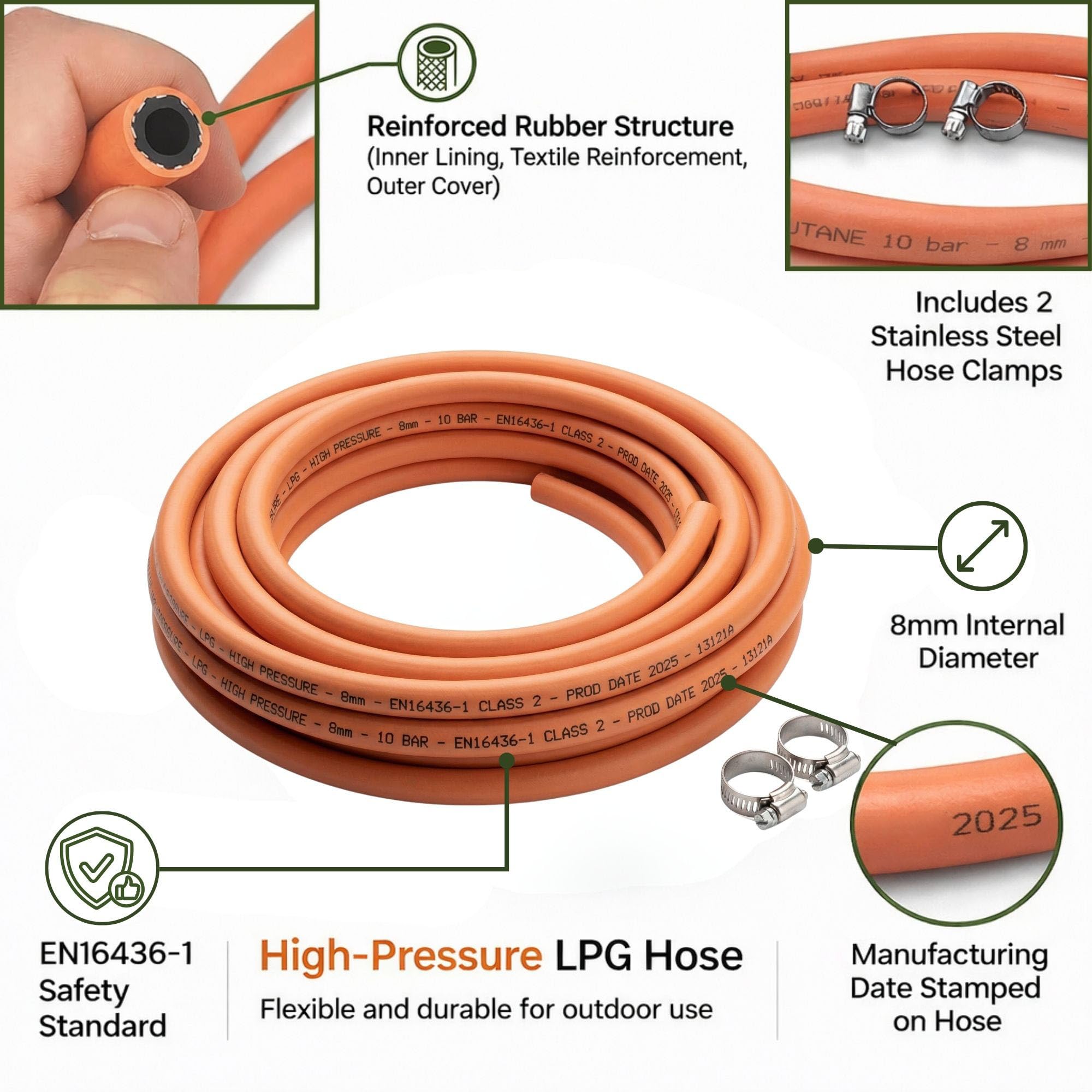 MYPURECORE 8mm LPG Gas Hose Pipe with 2 Clips – EN16436-1 High Pressure Propane & Butane Gas Hose for BBQ, Patio Heater, Caravan, Camping Cooker & Gas Bottle – Orange LPG Hose (4m (8mm)) - 2
