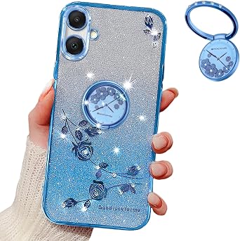 for Samsung Galaxy A06 Case for Women.Flowers Blue | Luxury Plating Bling Glitter Sparkle Shockproof Case with Ring Stand for Samsung Galaxy A06