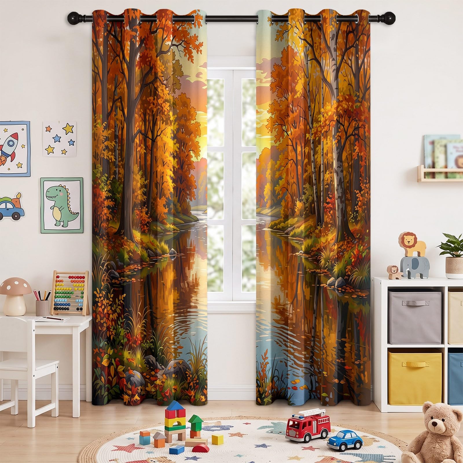 Blickdichte Vorhänge Set Natur Ländlich Landschaft mit Ösen, Herbst Wald Fluss Verdunklungsvorhänge Thermo Isoliert 2 Stück - Bedruckte Gardinen Deko für Wohnzimmer Schlafzimmer 229 x 117 cm (H x B)
