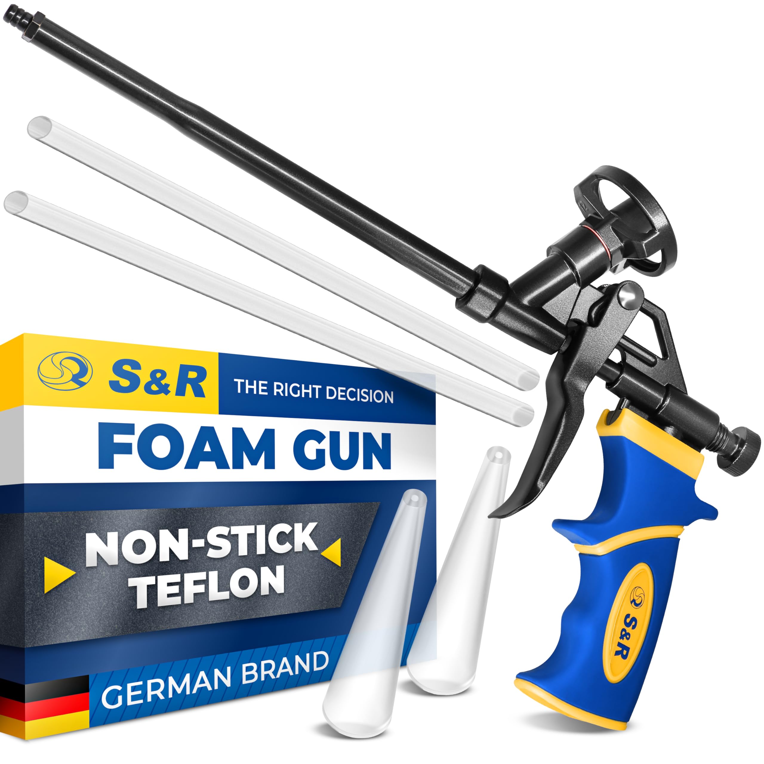 S&R Foam Gun for Construction Foam Cans, Ergonomic Rubber Handle, Teflon Coated Can Holder, Precise Adjustable Foam Delivery, PU Building Foam Gun