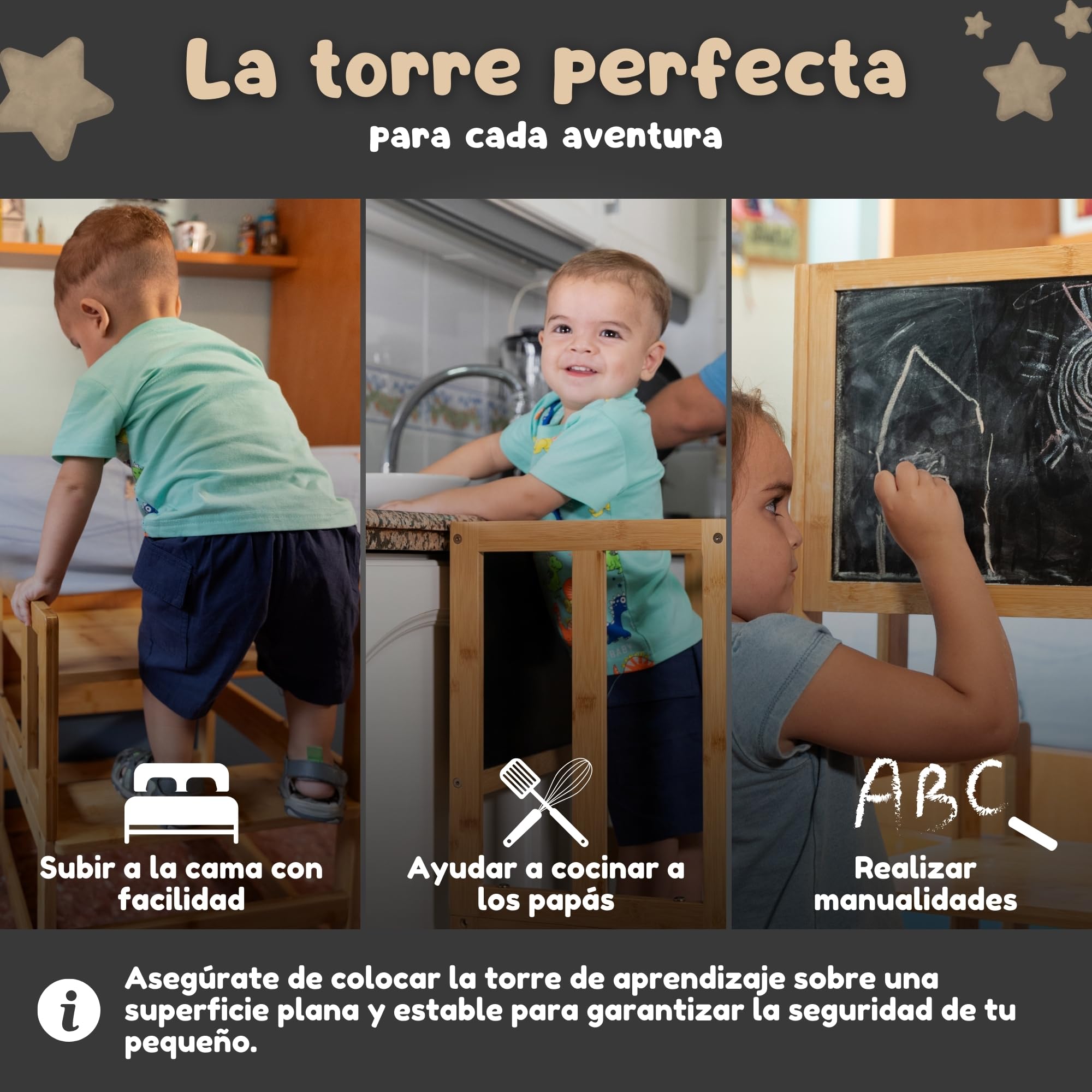 Torre de Aprendizaje Montessori de Bambú Antivuelco, Taburete Infantil y Juguetes