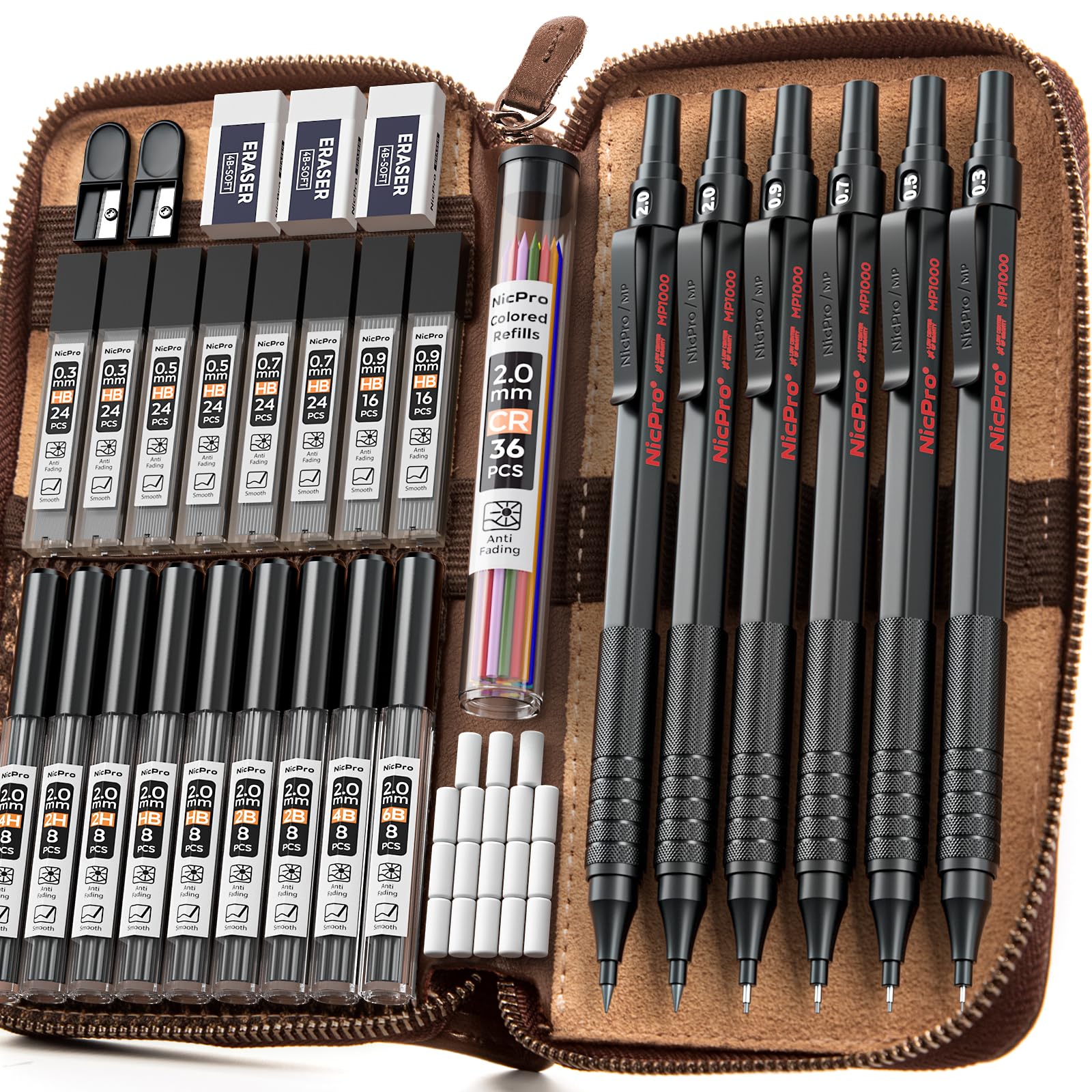 Nicpro 33PCS Black Metal Mechanical Pencil Set in Leather Case, Art Drafting Pencil 0.3, 0.5, 0.7, 0.9 mm, 2mm Lead Holders for Sketching Drawing with 18 Tube (6B 4B 2B HB 2H 4H Colors) Lead Refills