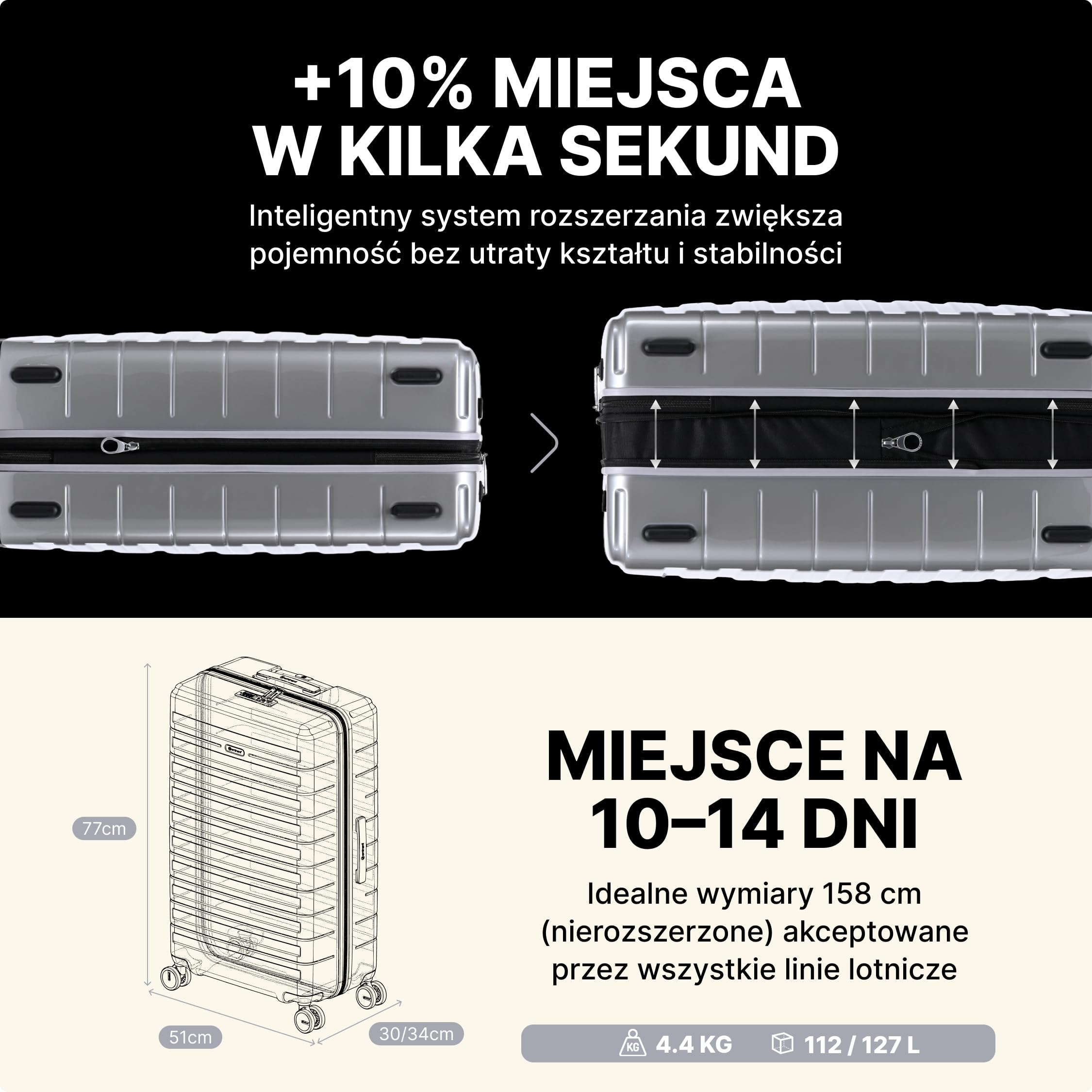Eminent Voyager Walizka Duża XL Twarda, Bagaż Rejestrowany Trolley | Walizka duża XL, 4,4 kg, 112L, 158 cm, rejestrowany 23 kg, rozszerzana 77x51x30/34, zamek TSA, 4 kółka, Srebrny