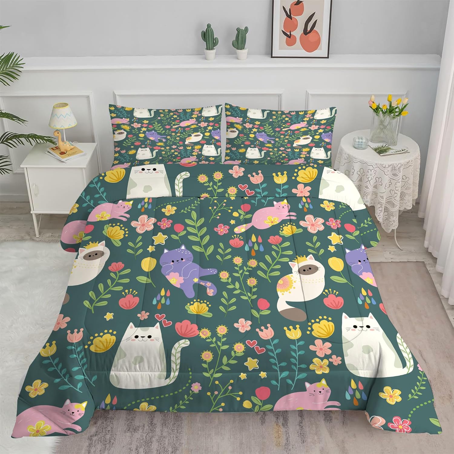 Cat Comforter Set Full: Green Floral Cats Bedding Set for Teens Girls Kids Women Cute Kitten Flowers Quilt Bed Sets 1 Comforter & 2 Pillowcases