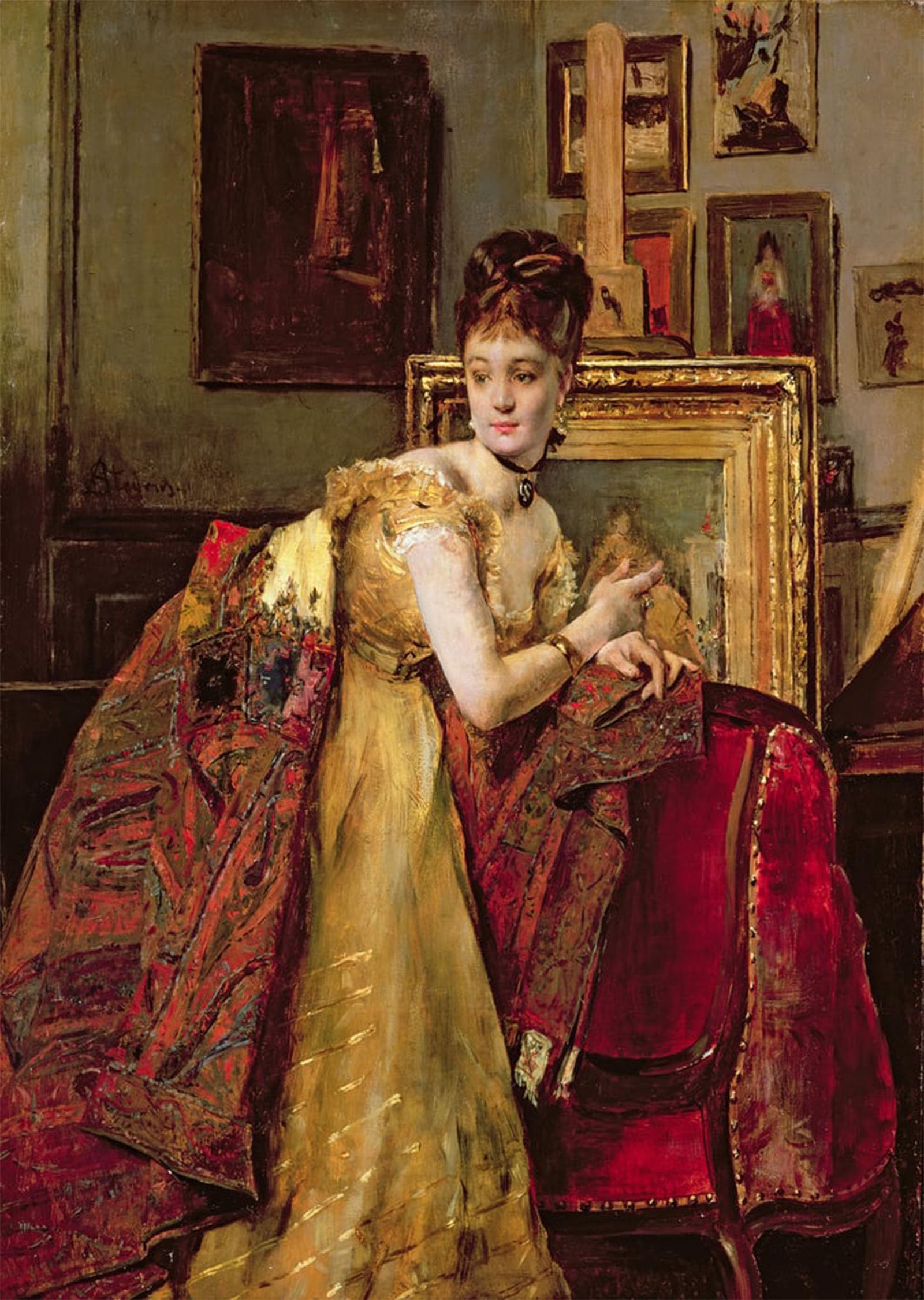 ARTXLXXBN Famous Painting Art Wall Decor Abstract Art Picture Woman with an Indian Shawl in a Studio by Alfred Emile Stevens Animal Pictures for Home Decor 60x90cm