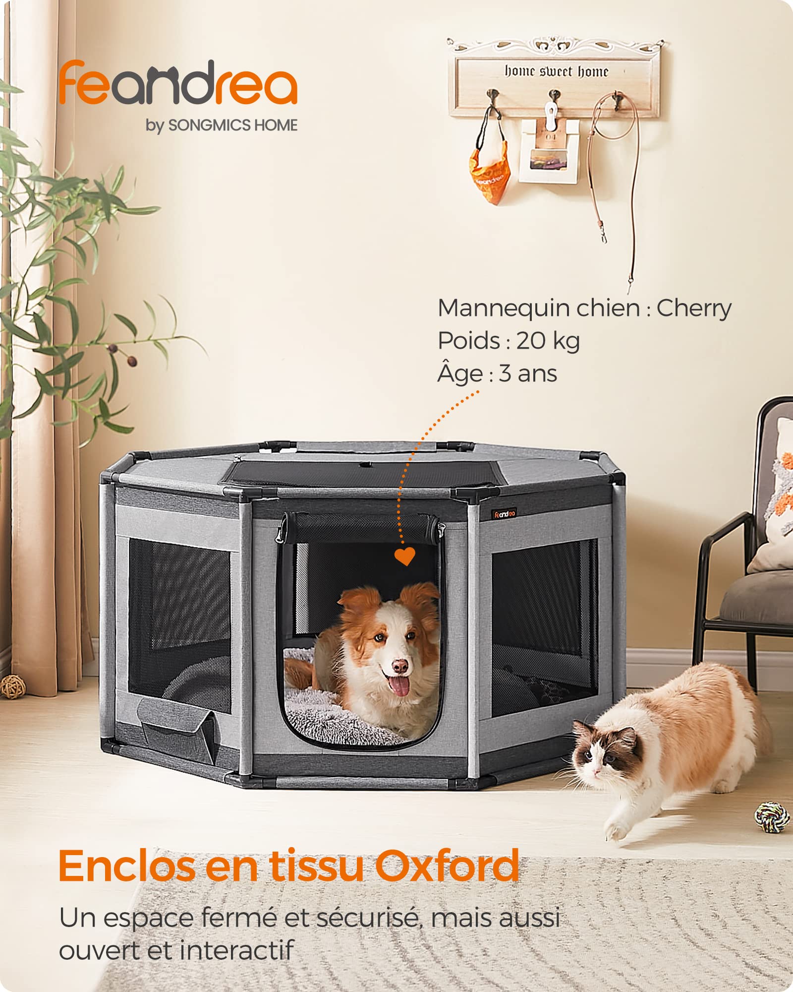 Feandrea Parc pour Chien en Tissu Oxford, Clôture Octogonale, Enclos, Taille L, 112 x 112 x 62 cm, Cadre en Tube PVC, Filet Respirant, Pochette de Rangement, Gris Foncé et Gris Clair PDC003G01