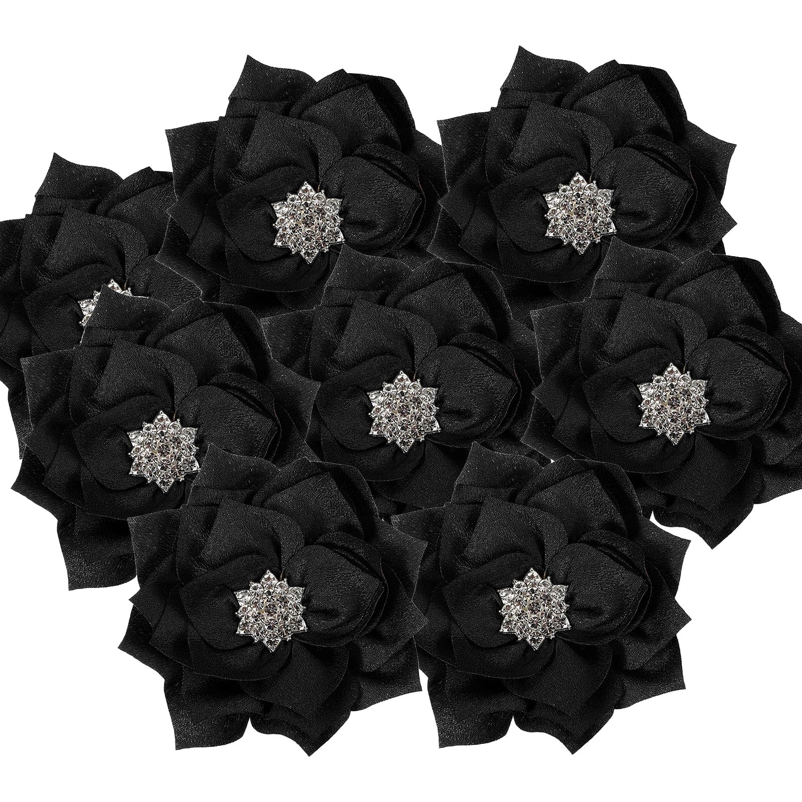 PATIKIL 3 Inch Rhinestone Pearl Chiffon Flower, 10 Pcs Sewing Fabric Appliques for DIY Craft Clothing Headbands Wedding Party Decoration, Black