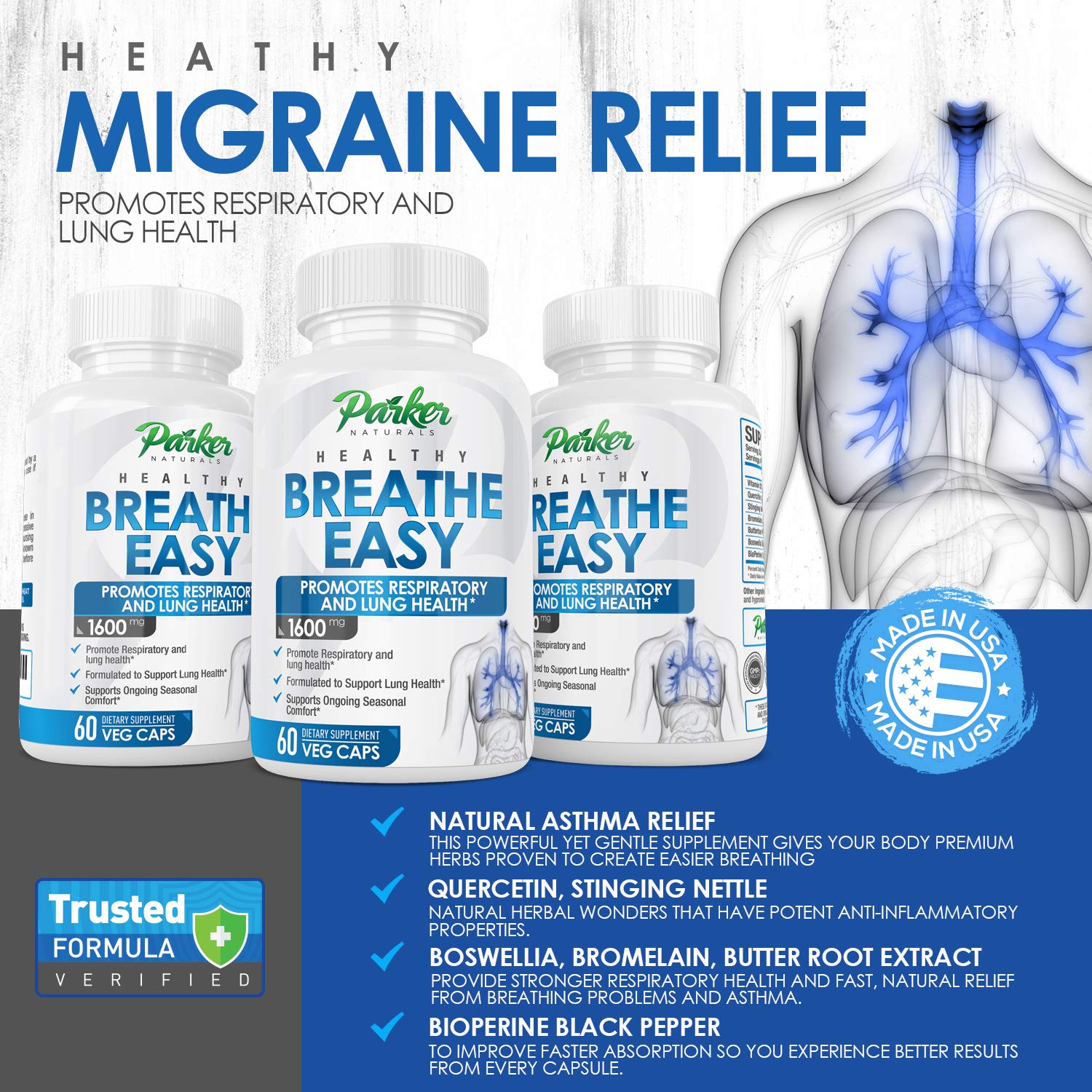 Breathe Easy 60 Capsules Nutritional Supplement Aids Breathing, Clears