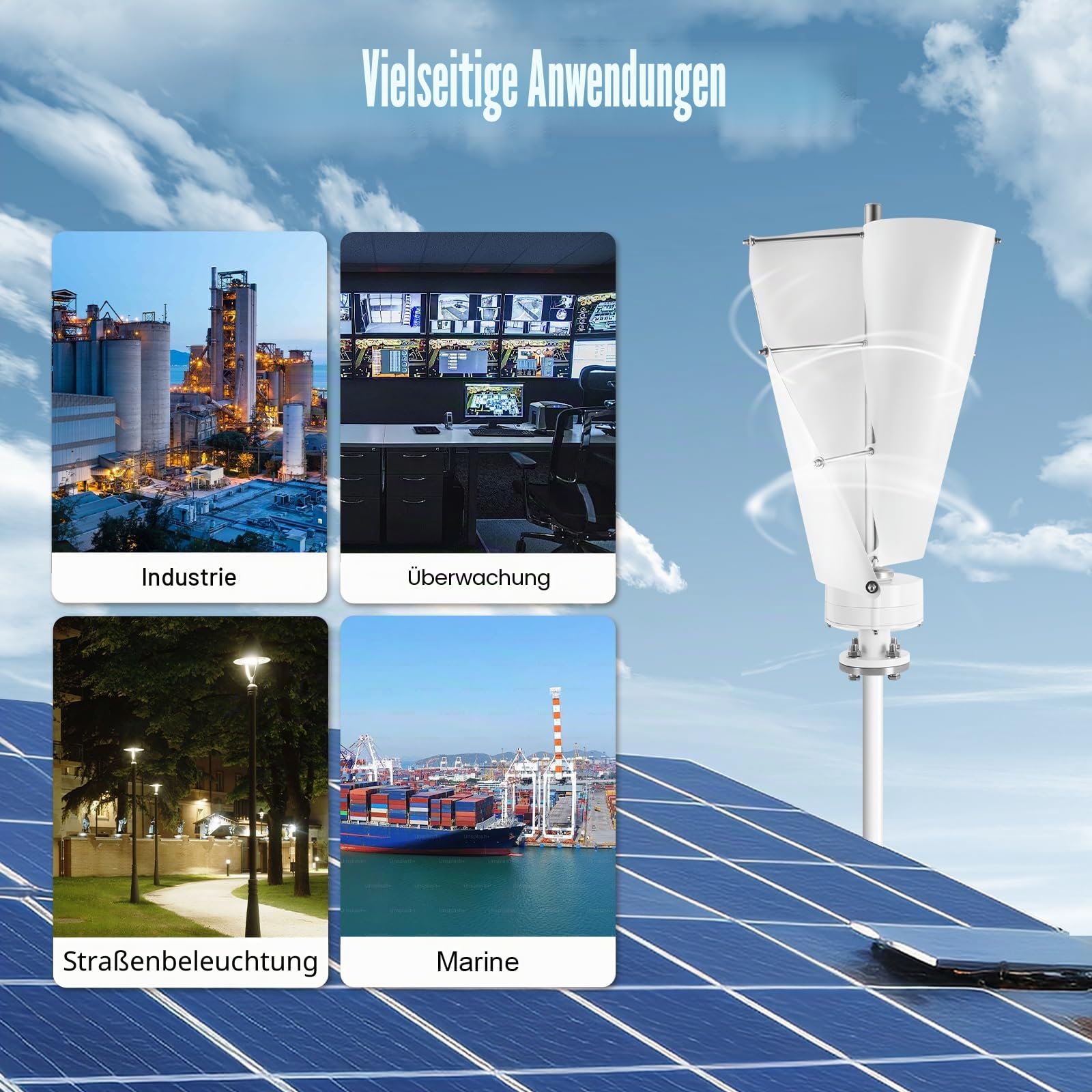 Vertikale Windkraftanlage 100W 12V/24V mit 2 Flügeln, IP67 Wasserdicht, Elektromagnetische Steuerung, Geräuscharm <62dB, Aluminium Kupfer, Für Wohnmobil Garten Camping