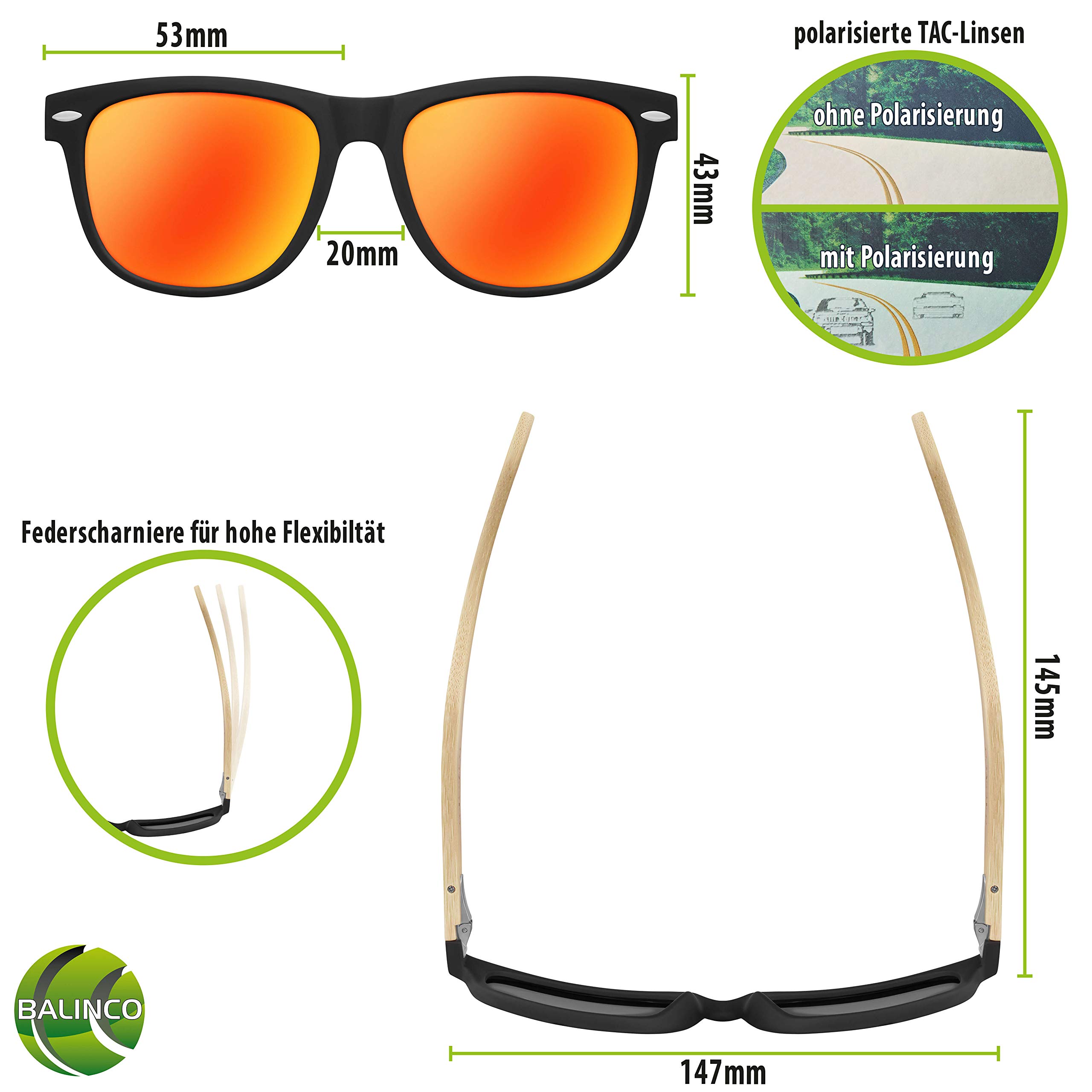 Balinco Set de lunettes de soleil en bambou pour hommes et femmes - avec lentilles polarisées TAC pour une vision intense - durable & durable - incl. une boîte cadeau pratique