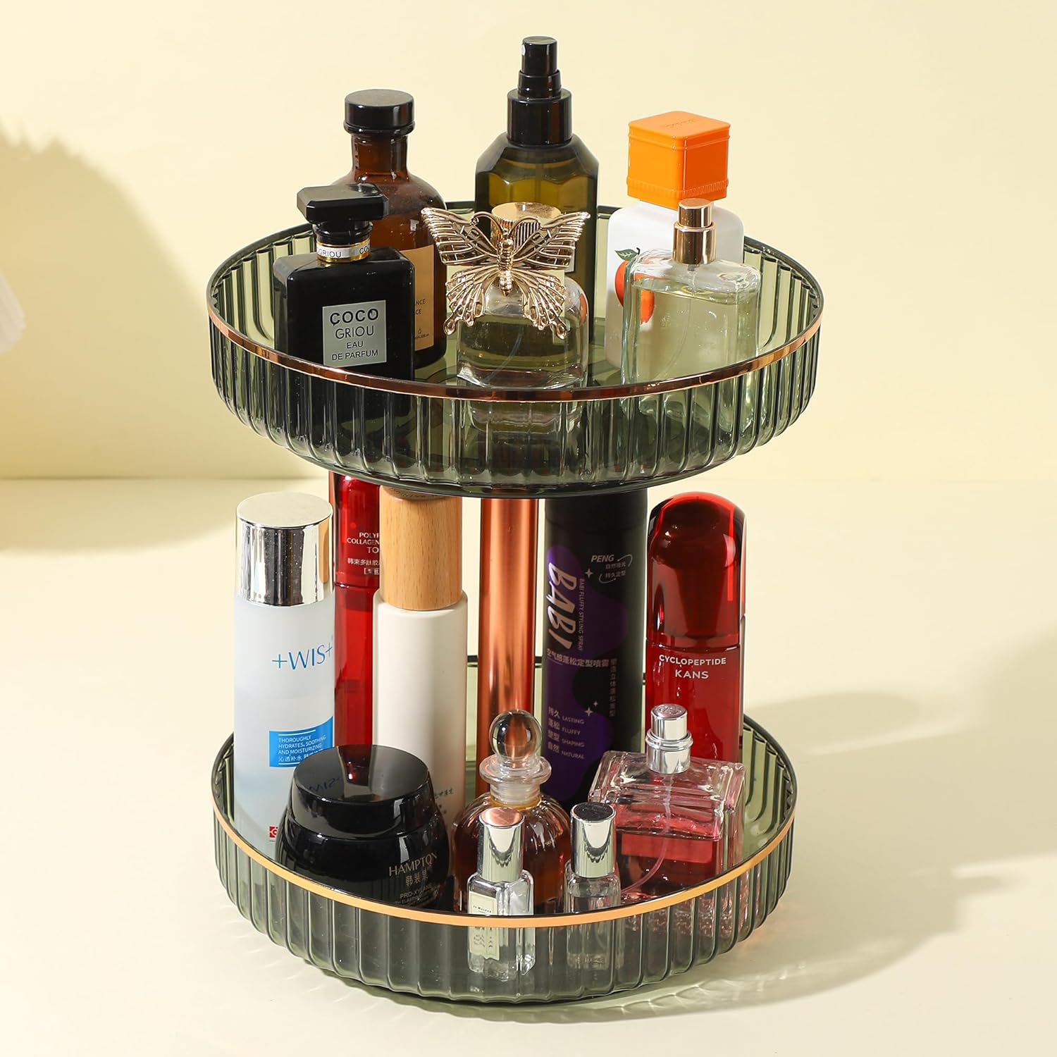 360 Rotating Makeup Organizer for Vanity,2 Tier Independent Rotation Large Capacity Skincare Organizers,Bathroom Counter Organizer, Spinning Monobloc Design Perfume & Vanity Organizer