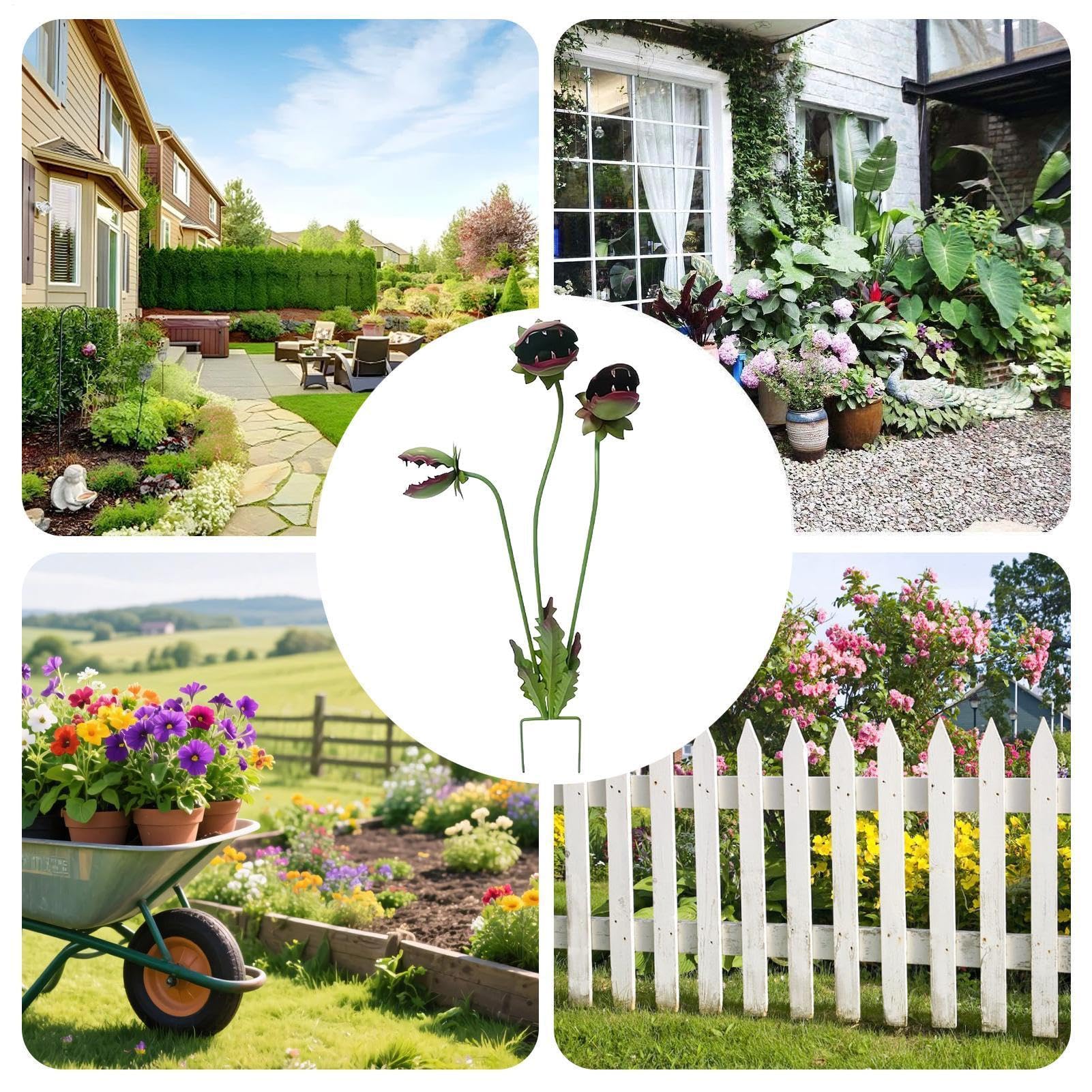 Metalldeko Gartenstecker fleischfressende Pflanze | 64cm Skurril Fantasievoll Gruselig Lustig - Dekorative Venusfliegenfalle Gartenstecker - für Blumenbeete Topfpflanzen Balkon Hinterhof Rasen