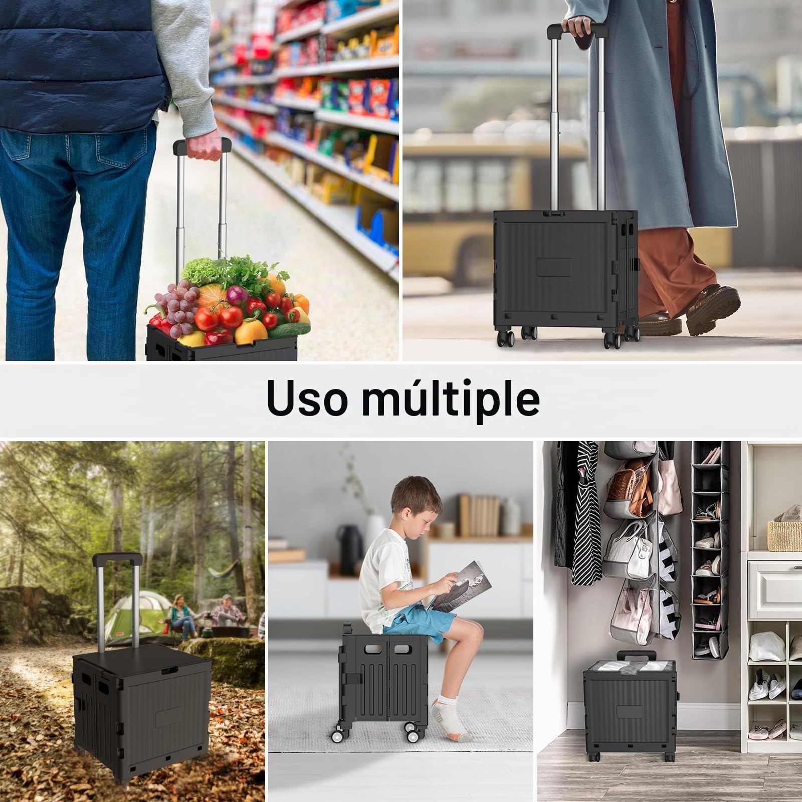 Carro de la compra plegable, carrito de la compra hasta 30 kg, caja de transporte con 4 ruedas, asa de aluminio ajustable, carrito plegable para compras, viajes, oficina (negro)